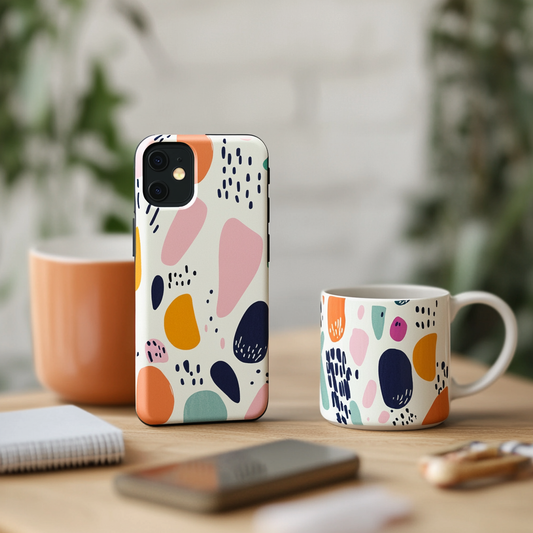 Trendy Design Space phone case and ceramic mug with a vibrant abstract pattern, showcasing the unique, artistic products available on trendydesignspace.com.