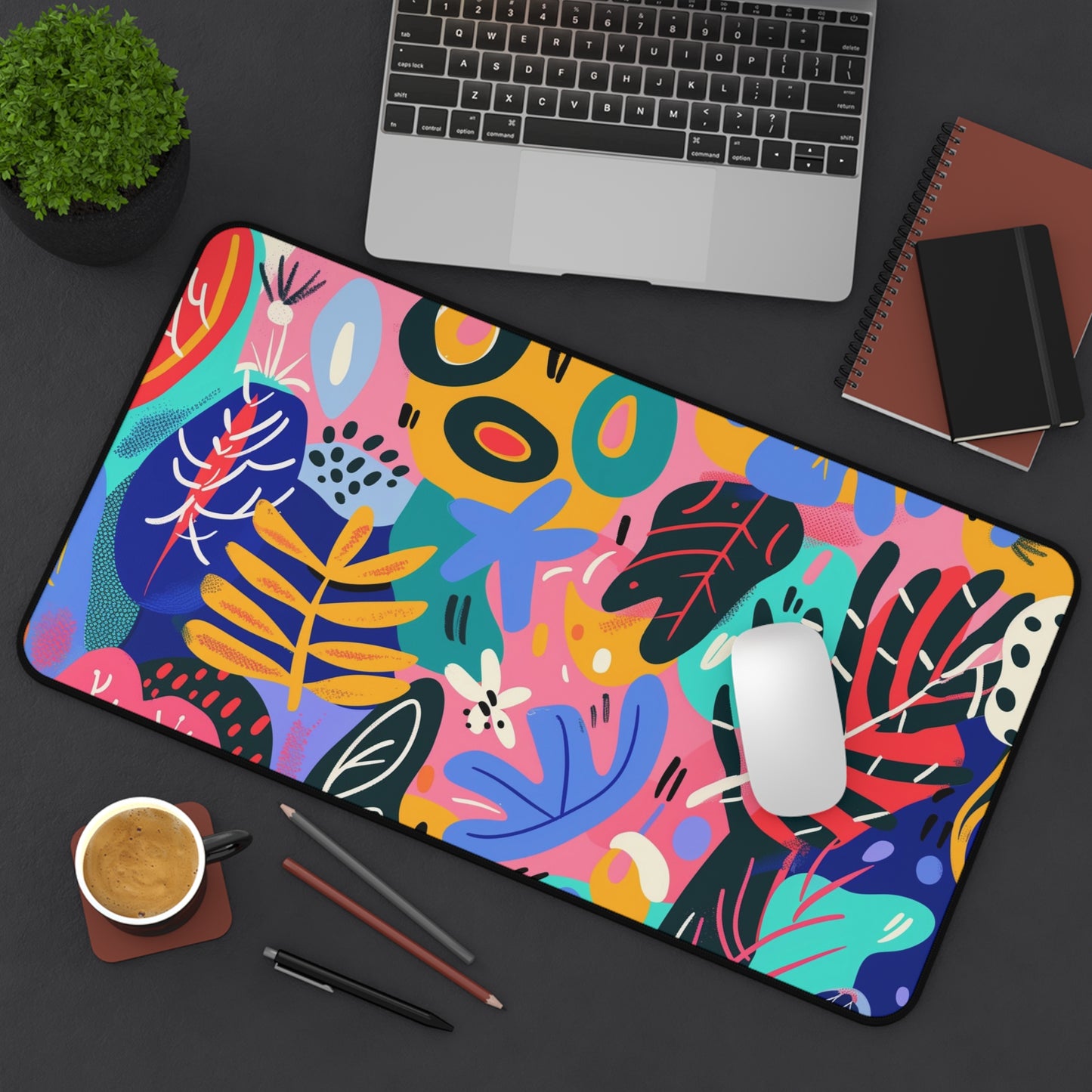 Colorful Abstract Computer Desk Mat | Vibrant Leaves and Shapes Mouse Pad | Anti-Slip Neoprene Desk Mat for Home Office | 3 Sizes Available