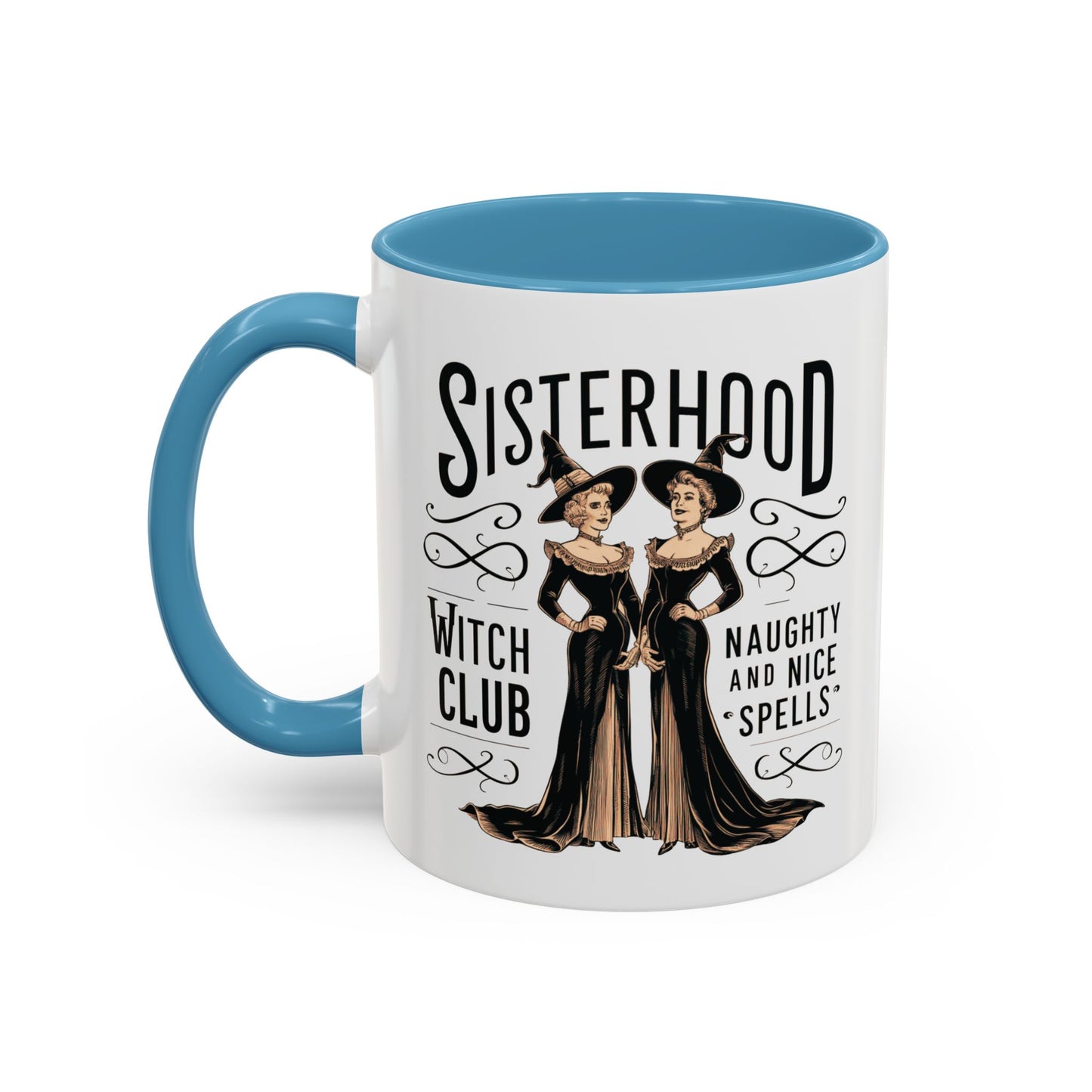 Sisterhood Witch Club Mug | Vintage Witch Design | Halloween Coffee Mug | Naughty & Nice Spells | Witchy Drinkware