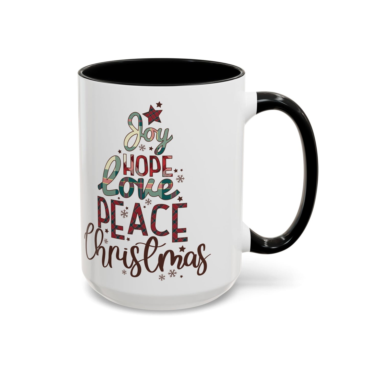 Joy Hope Love Peace Christmas Mug | Festive Holiday Plaid Design | Christmas Tree Word Art Coffee Mug