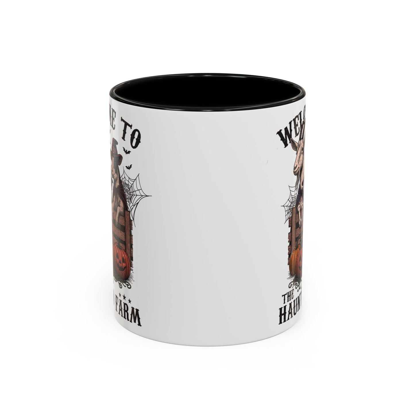 Welcome to the Haunted Farm Mug | Spooky Farm Animal Halloween Cup | Goat, Pig, and Cow in Witch Hats