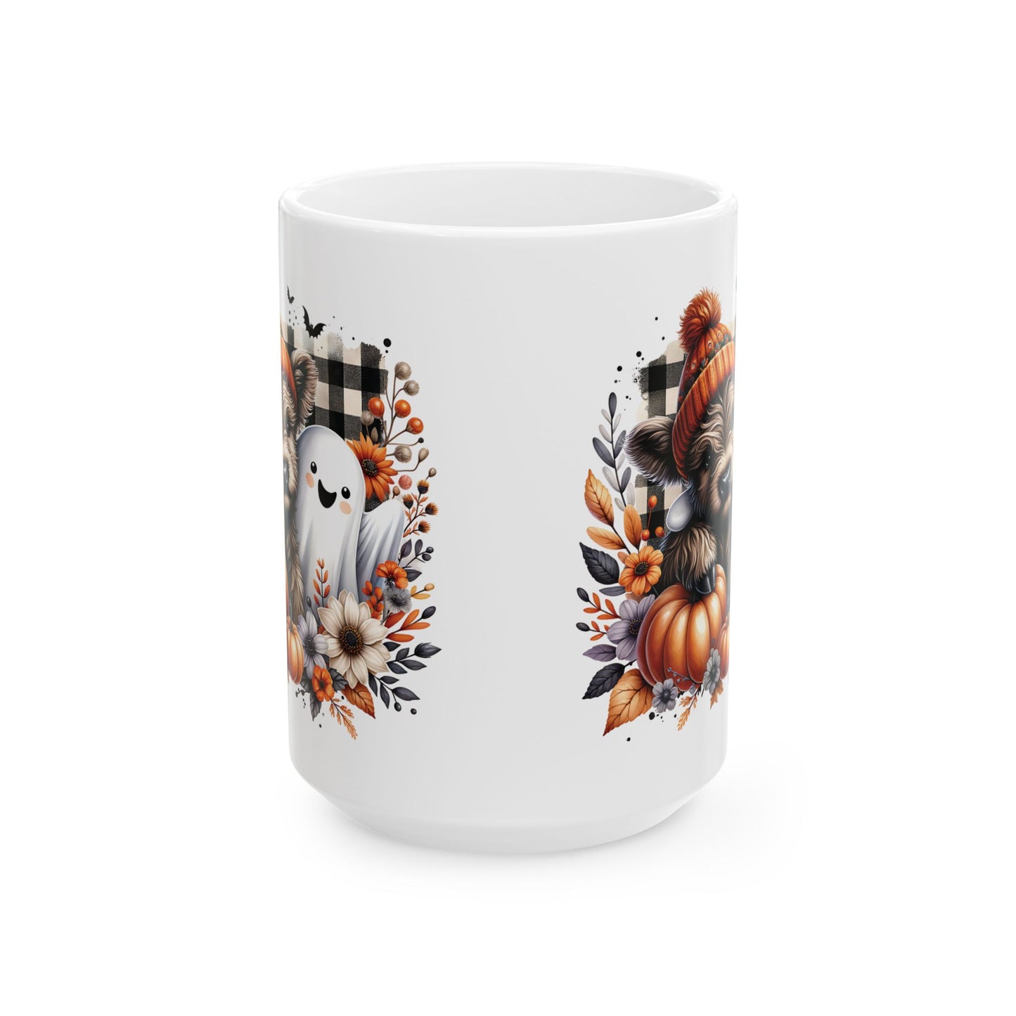 Cozy Fall Highland Cow and Ghost Ceramic Mug - Adorable Autumn Cow and Pumpkin Design - Perfect for Fall and Halloween Lovers