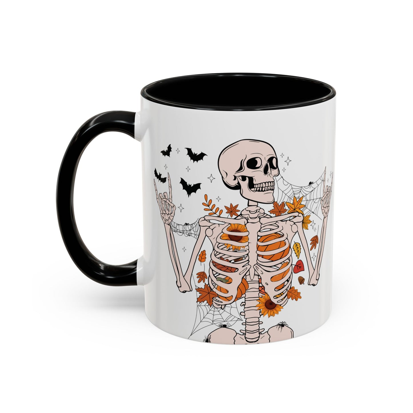 Spooky Skeleton Halloween Mug | 11oz and 15oz Ceramic Coffee Cup | Fall Leaves & Bats Design