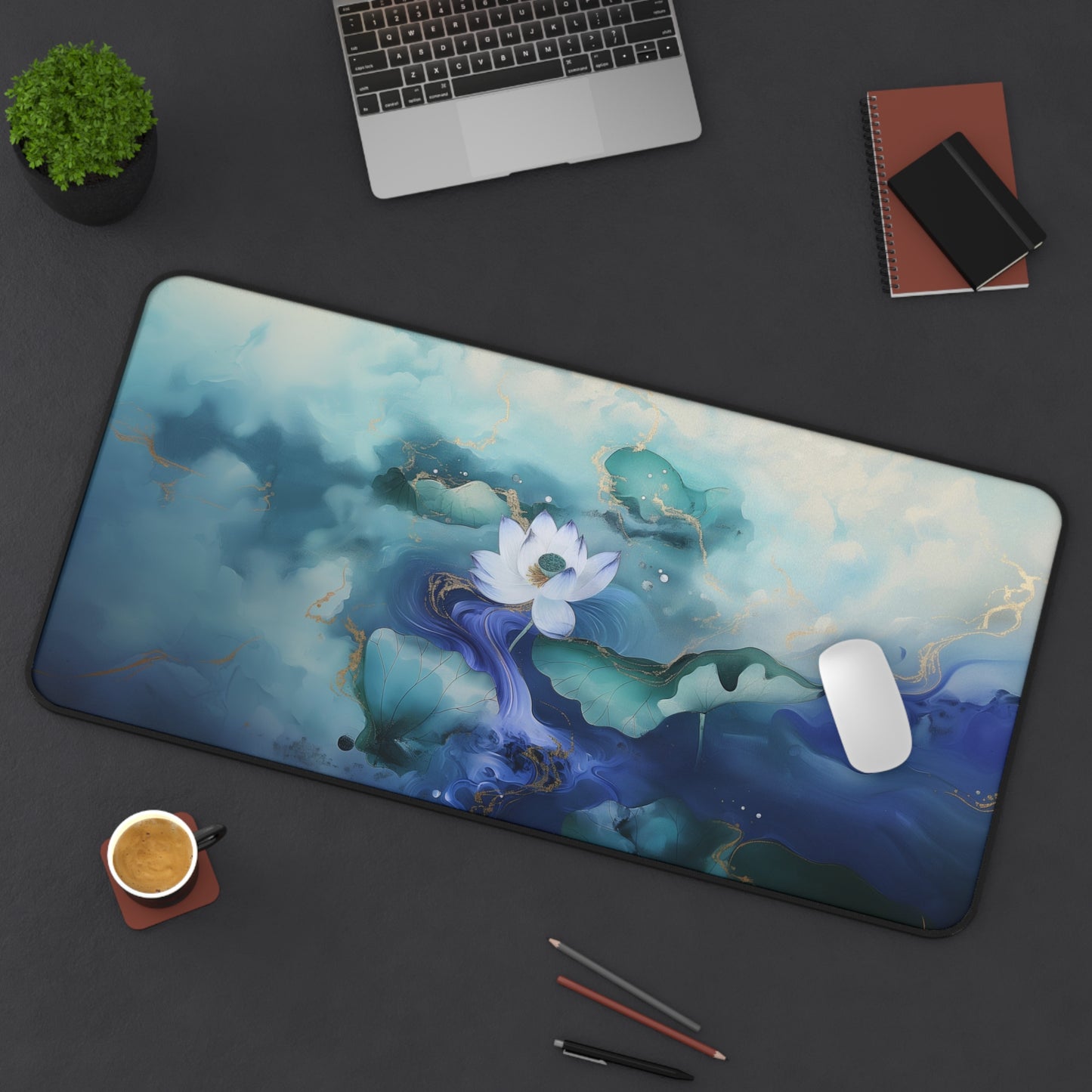 Serene Lotus Computer Desk Mat | Tranquil Water Lily Mouse Pad | Anti-Slip Neoprene Desk Mat for Home Office | 3 Sizes Available