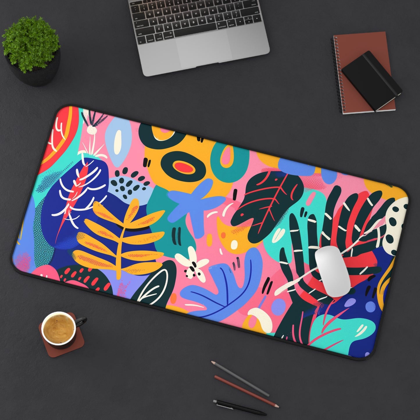 Colorful Abstract Computer Desk Mat | Vibrant Leaves and Shapes Mouse Pad | Anti-Slip Neoprene Desk Mat for Home Office | 3 Sizes Available