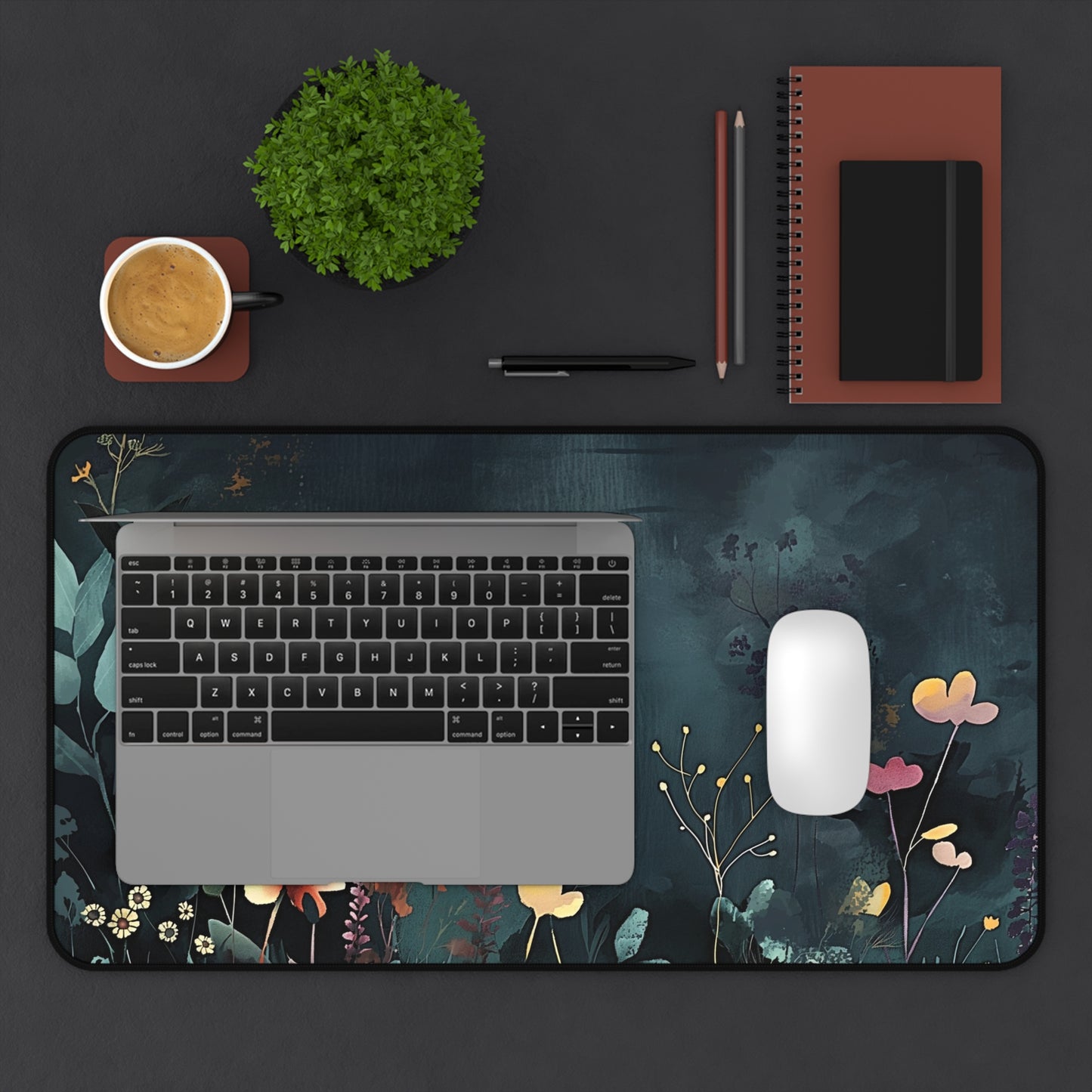 Night Garden Computer Desk Mat | Dark Floral Mouse Pad | Anti-Slip Neoprene Desk Mat for Home Office | 3 Sizes Available