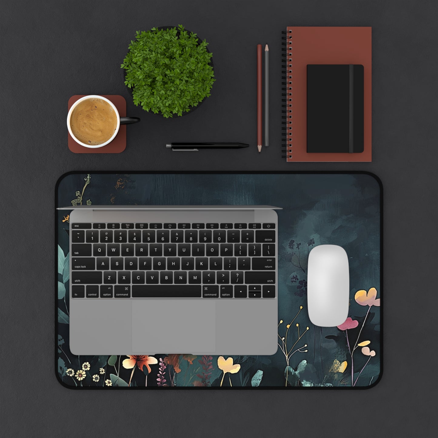 Night Garden Computer Desk Mat | Dark Floral Mouse Pad | Anti-Slip Neoprene Desk Mat for Home Office | 3 Sizes Available