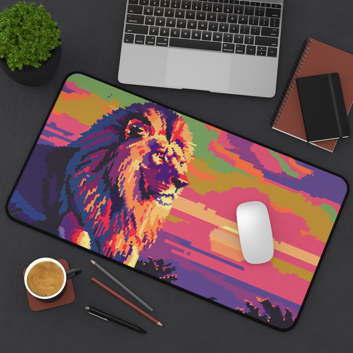 Pixel Art Lion Computer Desk Mat | Vibrant Sunset Mouse Pad | Anti-Slip Neoprene Desk Mat for Home Office | 3 Sizes Available