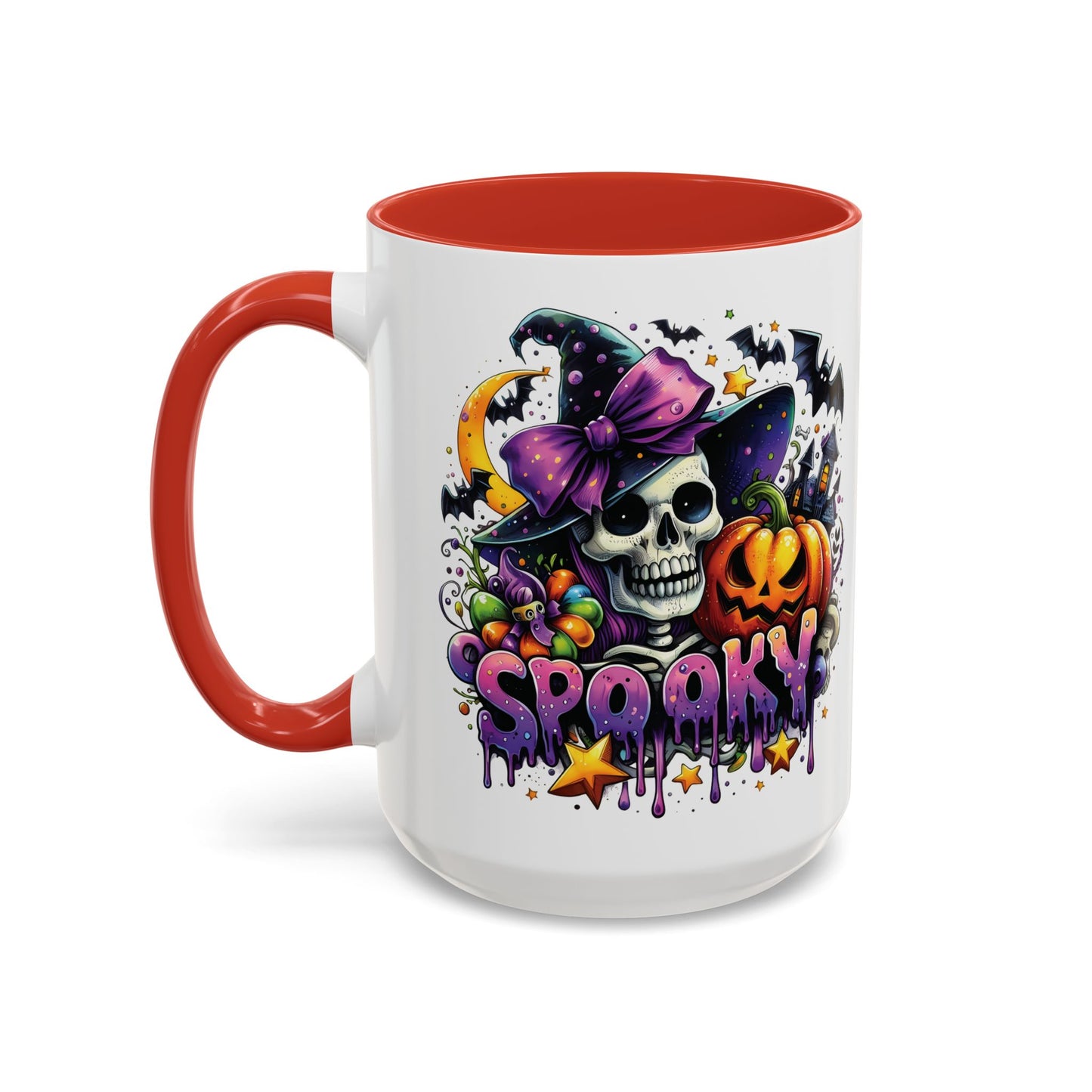 Spooky Halloween Skull Mug | Colorful Witch Hat and Pumpkin Design | 11oz and 15oz Ceramic Coffee Cup