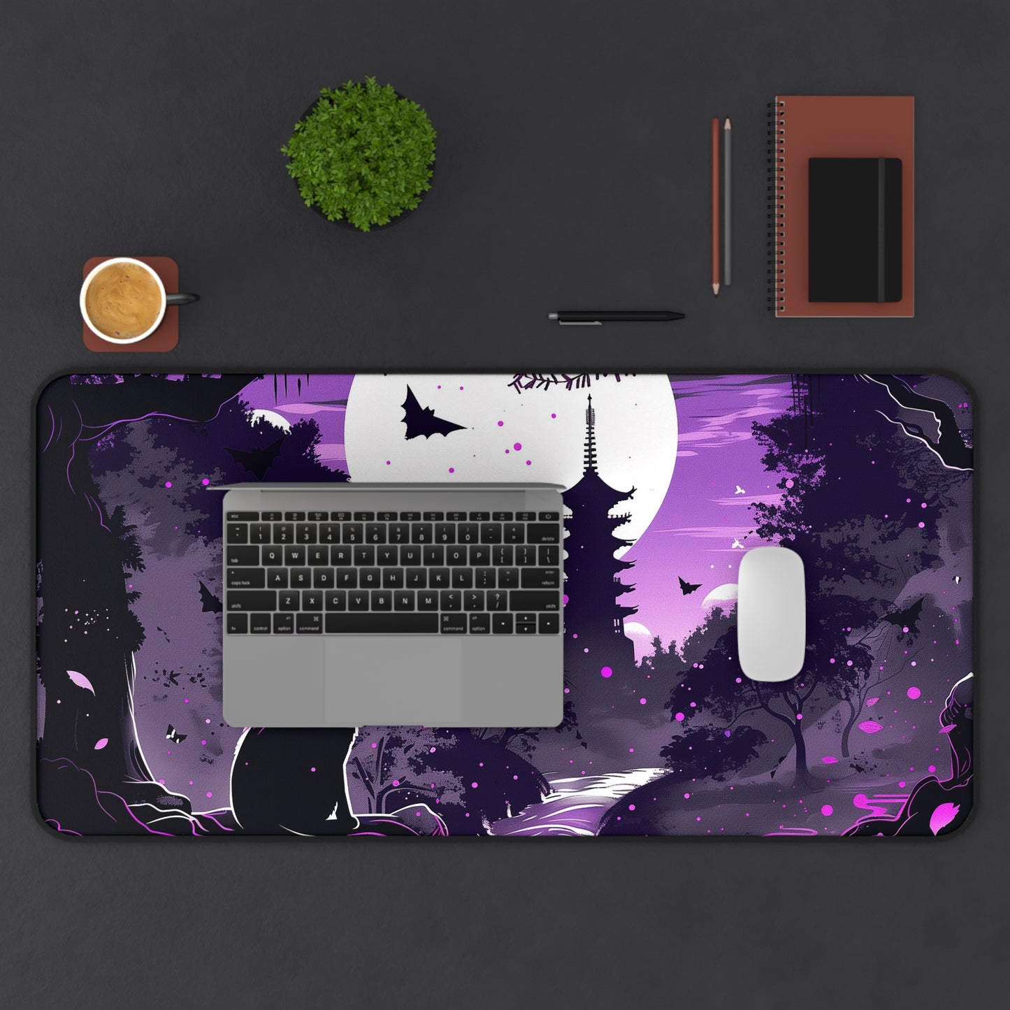 Mystical Night Computer Desk Mat | Cat and Pagoda Moonlight Mouse Pad | Anti-Slip Neoprene Desk Mat for Home Office | 3 Sizes Available