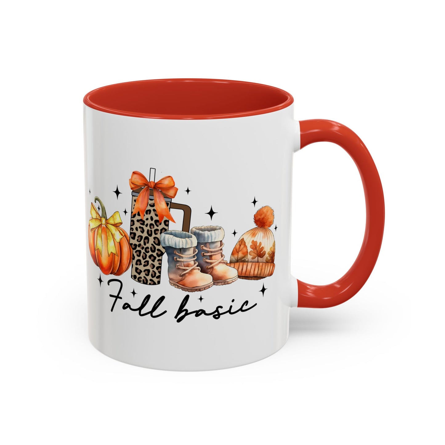 Fall Basic Autumn Mug | 11oz/15oz Ceramic Coffee Cup | Cozy Fall Essentials Design | Pink, Red, Black, Light Blue, or Navy Handle & Interior