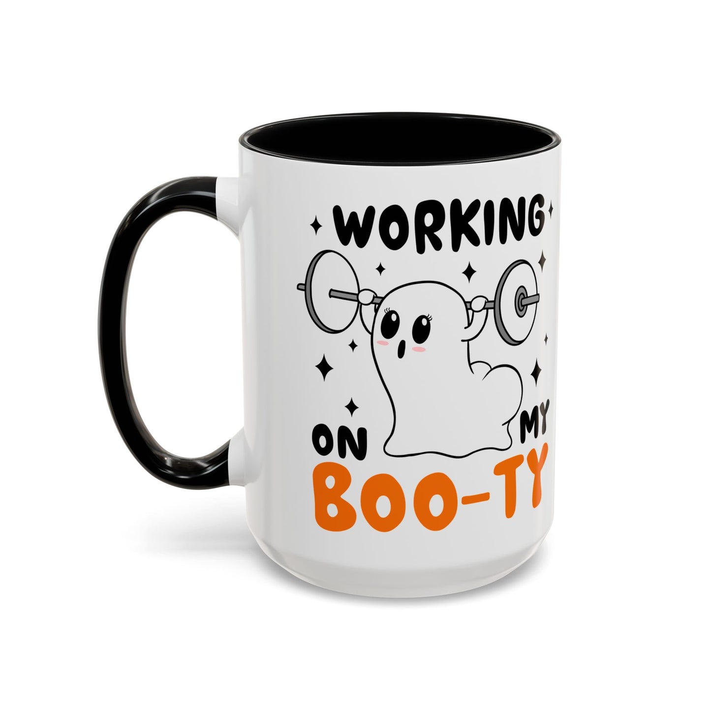 Working on My Boo-ty Halloween Ghost Mug | 11oz and 15oz Ceramic Coffee Cup | Fitness and Humor Design