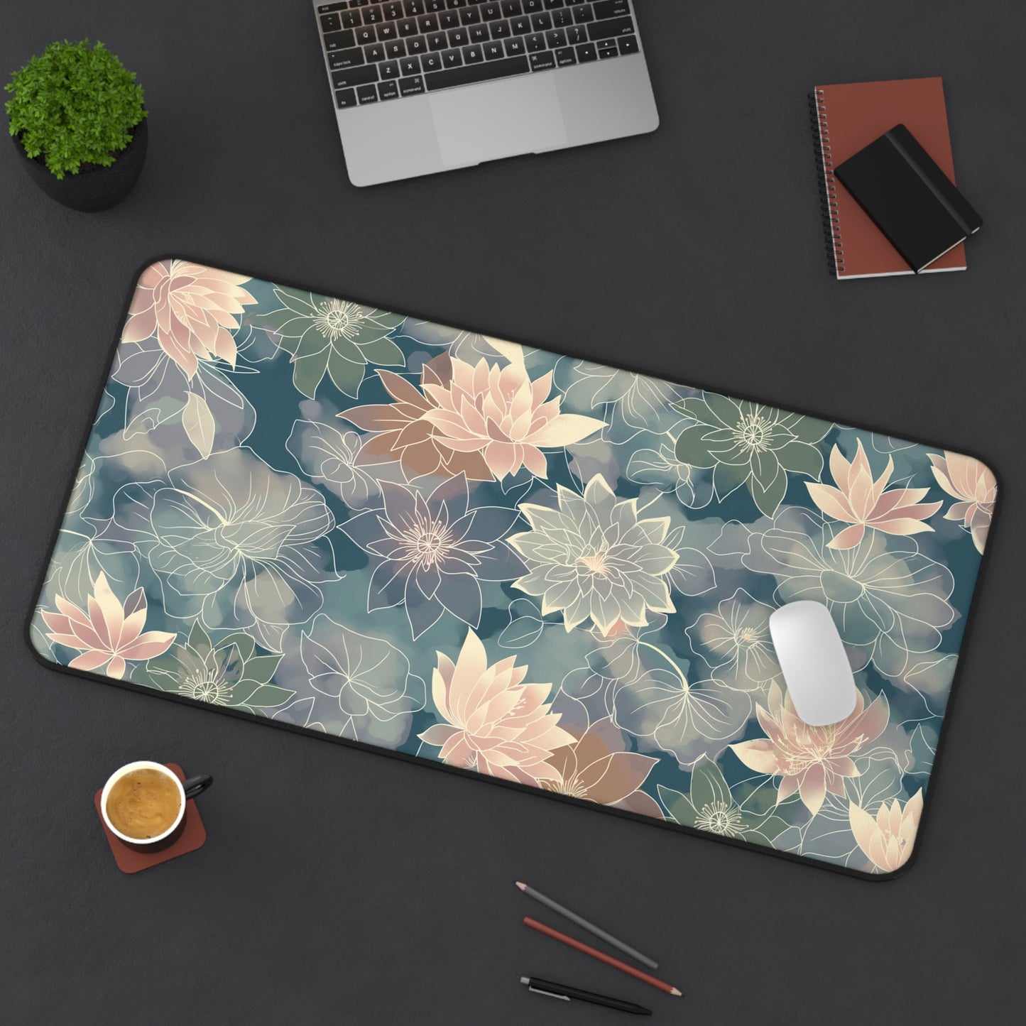 Pastel Lotus Computer Desk Mat | Elegant Floral Mouse Pad | Anti-Slip Neoprene Desk Mat for Home Office | 3 Sizes Available