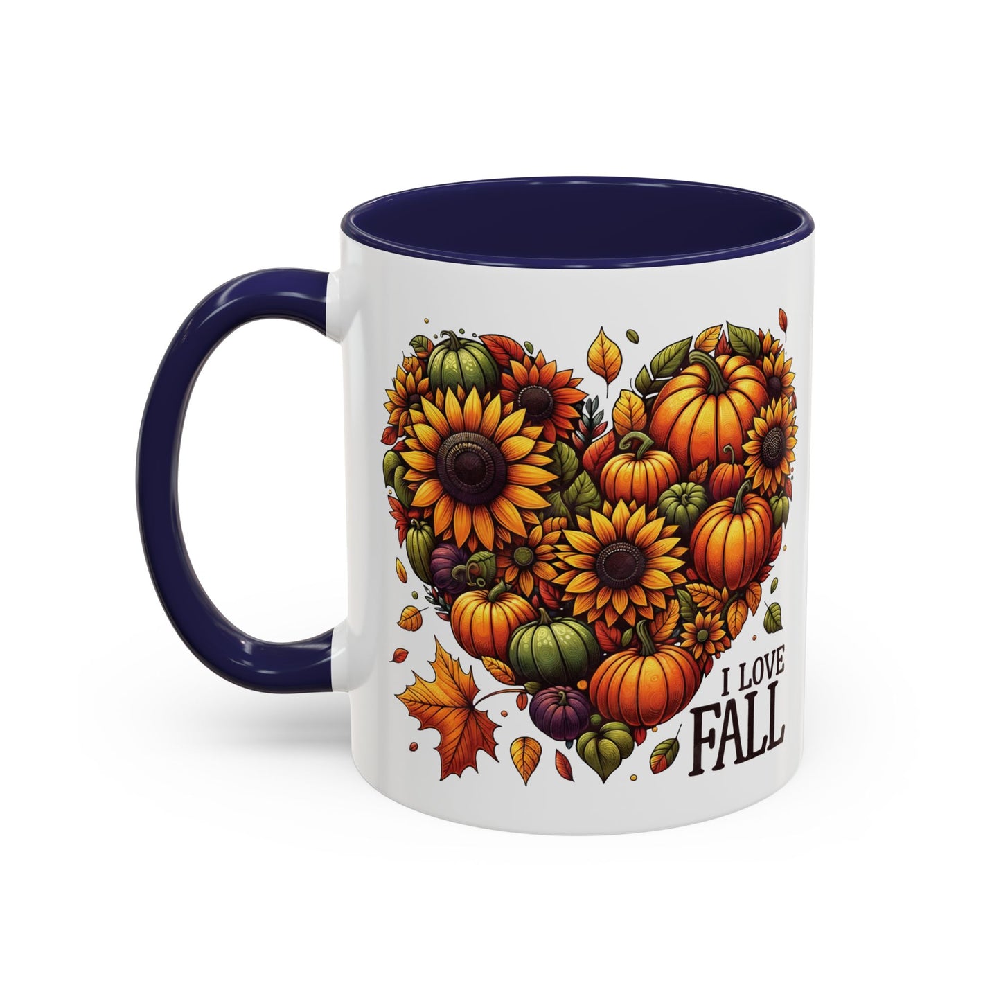 I Love Fall Autumn Mug | 11oz and 15oz Ceramic Coffee Cup | Sunflower and Pumpkin Heart Design