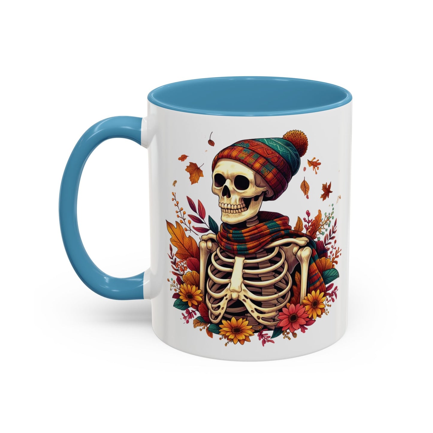 Cozy Fall Skeleton Mug | Cute Autumn Skeleton Coffee Mug | Fall-Themed Drinkware | Halloween Skeleton in Scarf Design