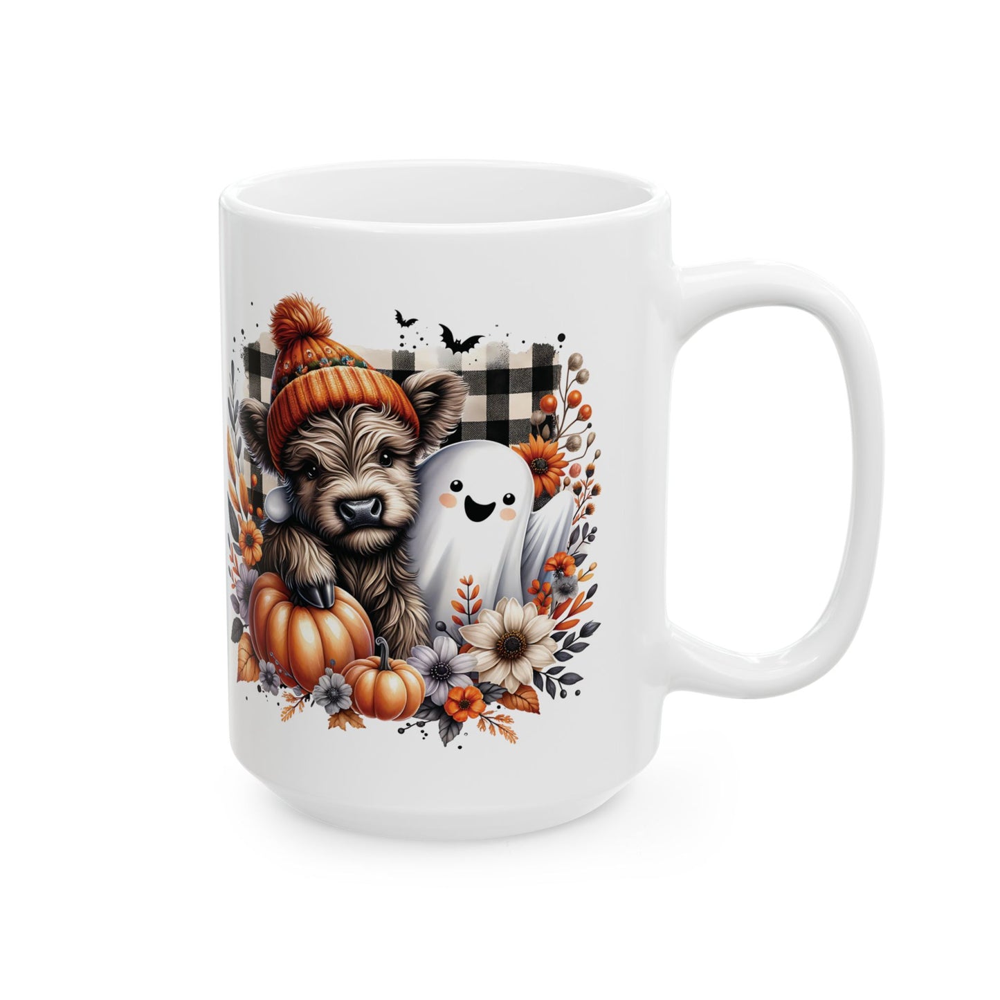 Cozy Fall Highland Cow and Ghost Ceramic Mug - Adorable Autumn Cow and Pumpkin Design - Perfect for Fall and Halloween Lovers