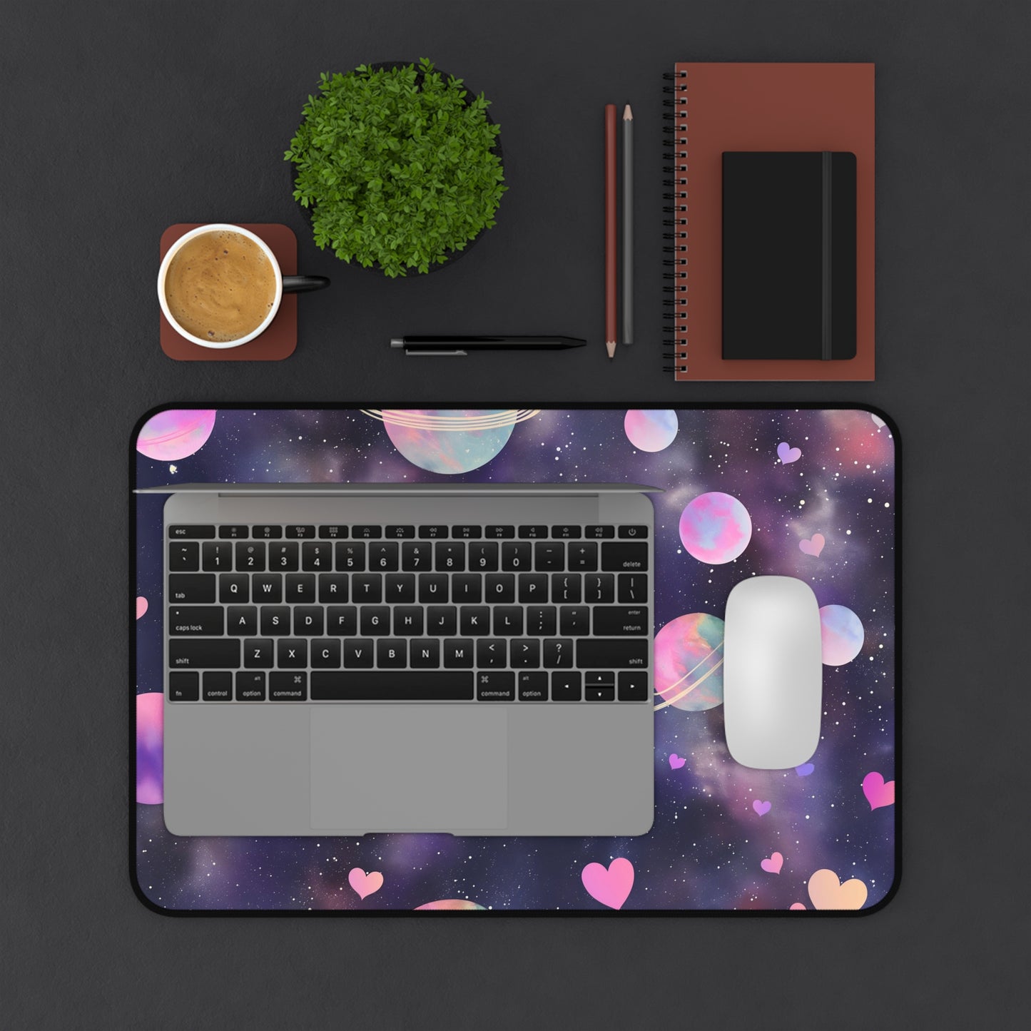 Cosmic Love Computer Desk Mat | Pastel Planets and Hearts Mouse Pad | Anti-Slip Neoprene Desk Mat for Home Office | 3 Sizes Available