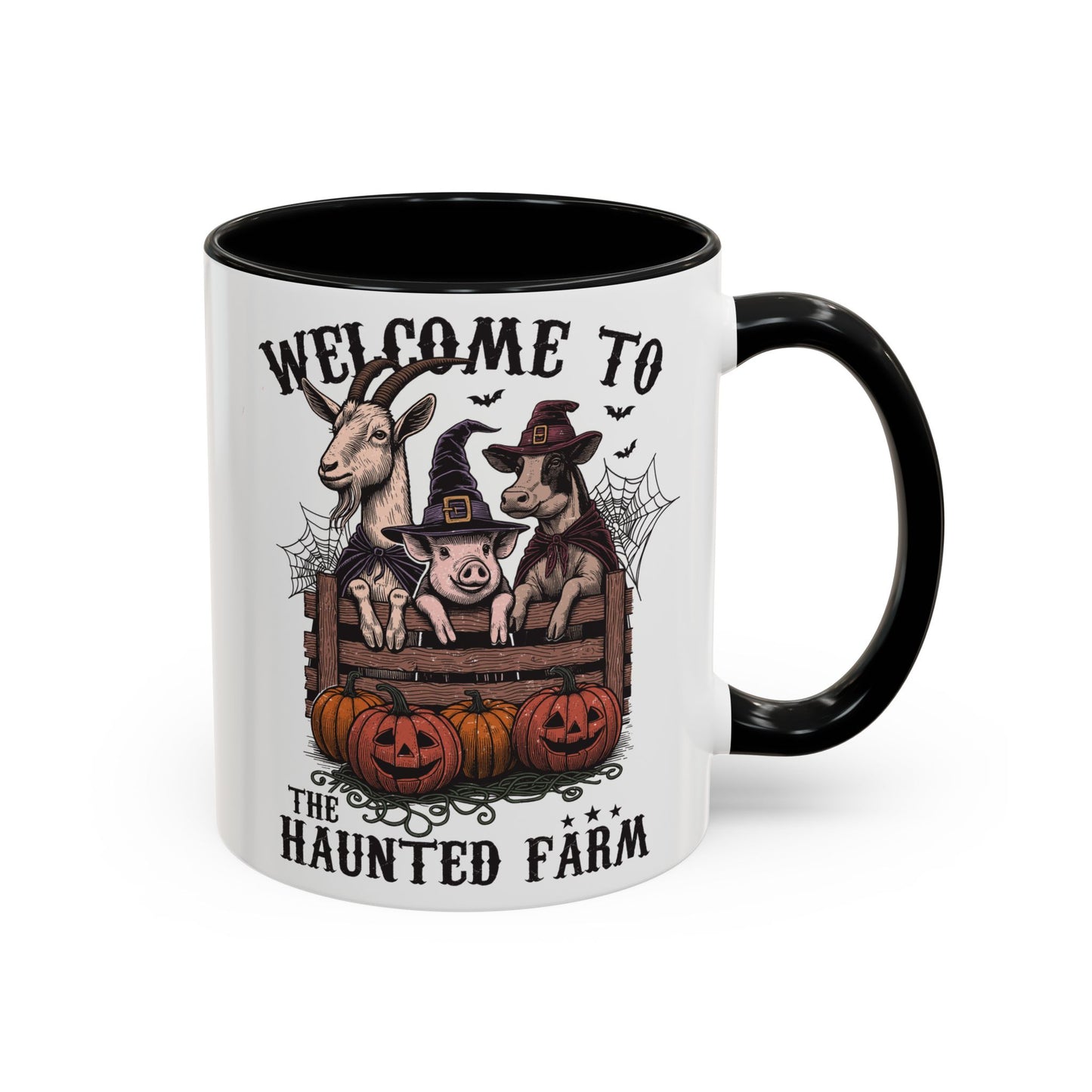 Welcome to the Haunted Farm Mug | Spooky Farm Animal Halloween Cup | Goat, Pig, and Cow in Witch Hats