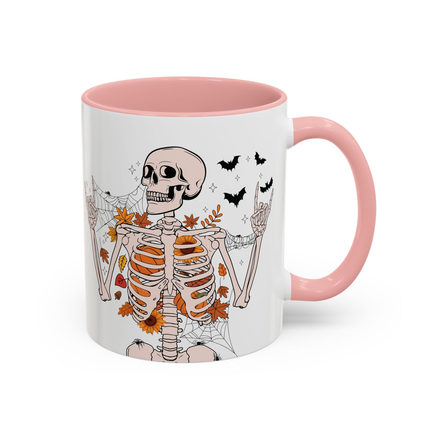 Spooky Skeleton Halloween Mug | 11oz and 15oz Ceramic Coffee Cup | Fall Leaves & Bats Design