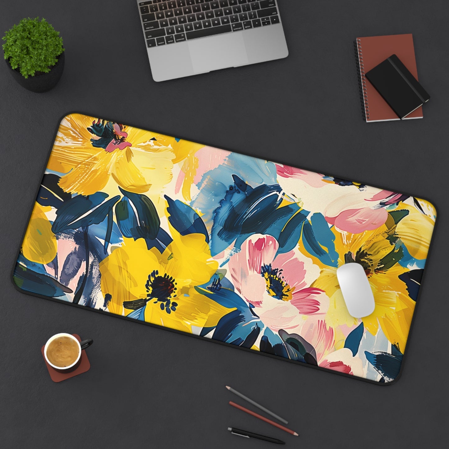 Bold Floral Computer Desk Mat | Vibrant Flowers Mouse Pad | Anti-Slip Neoprene Desk Mat for Home Office | 3 Sizes Available