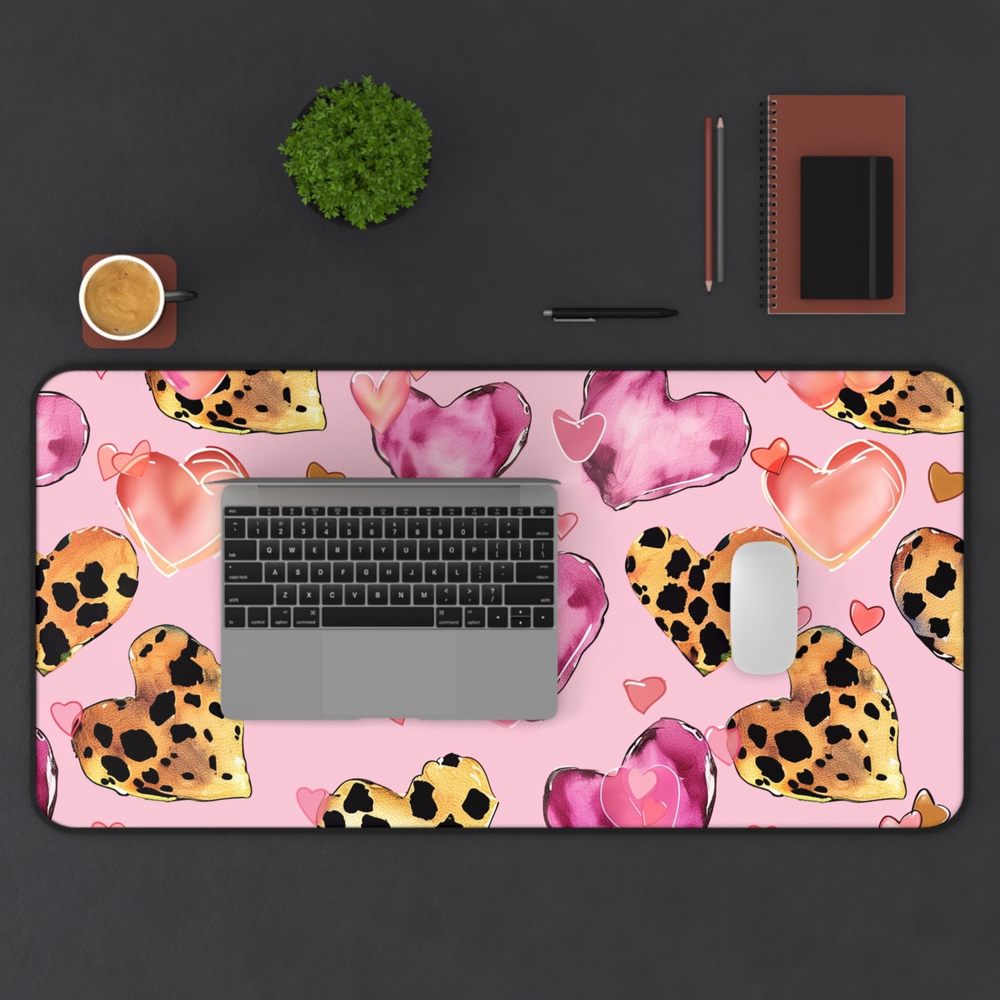 Heart Pattern Computer Desk Mat | Pink Leopard Hearts Mouse Pad | Anti-Slip Neoprene Desk Mat for Home Office | 3 Sizes Available