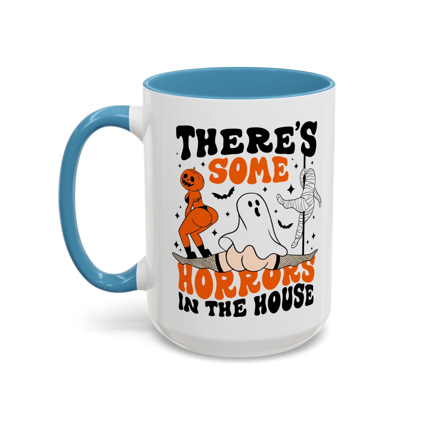 Theres Some Horrors in This House Funny Halloween Mug | 11oz and 15oz Ceramic Coffee Cup | Ghost and Pumpkin Design