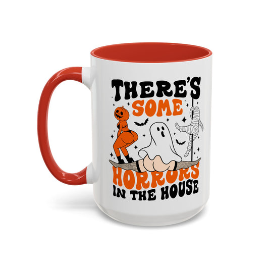 Theres Some Horrors in This House Funny Halloween Mug | 11oz and 15oz Ceramic Coffee Cup | Ghost and Pumpkin Design