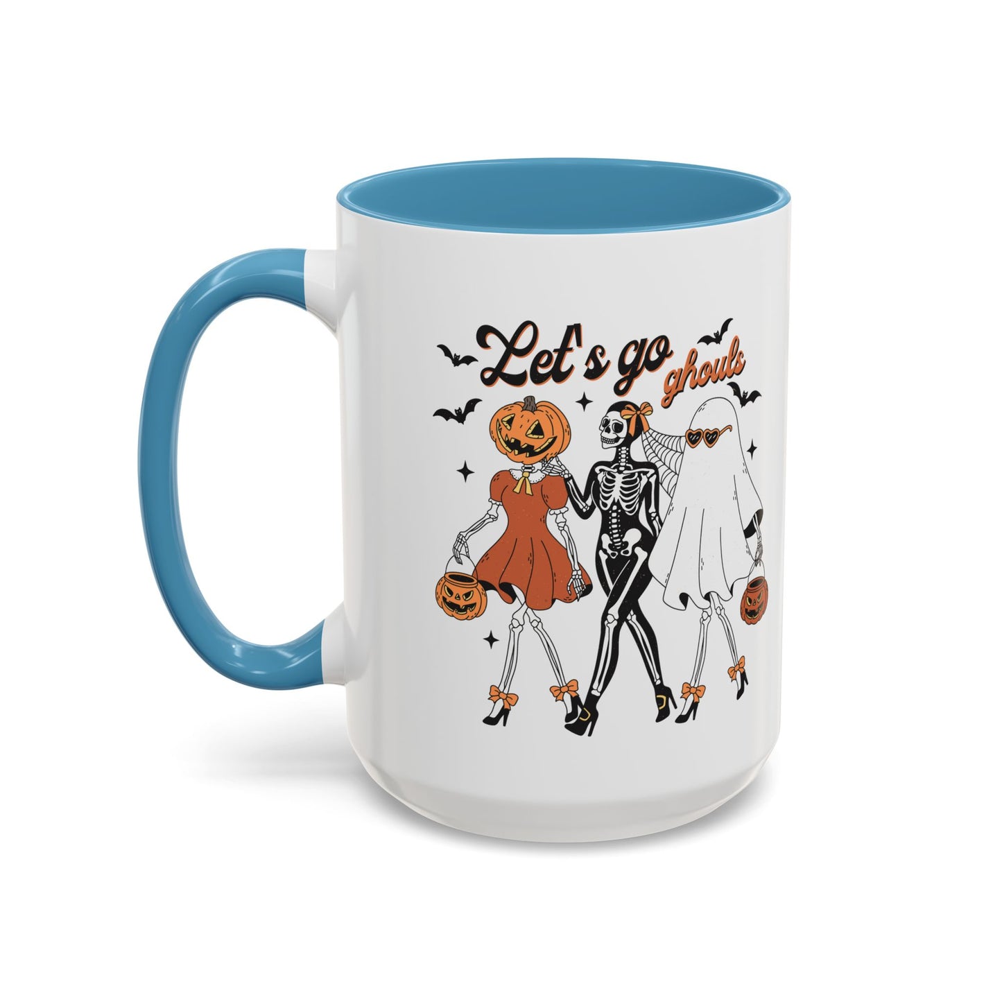 Lets Go Ghouls Halloween Mug | Skeleton, Ghost, and Pumpkin Friends Design | Spooky Coffee Mug | Fall Drinkware