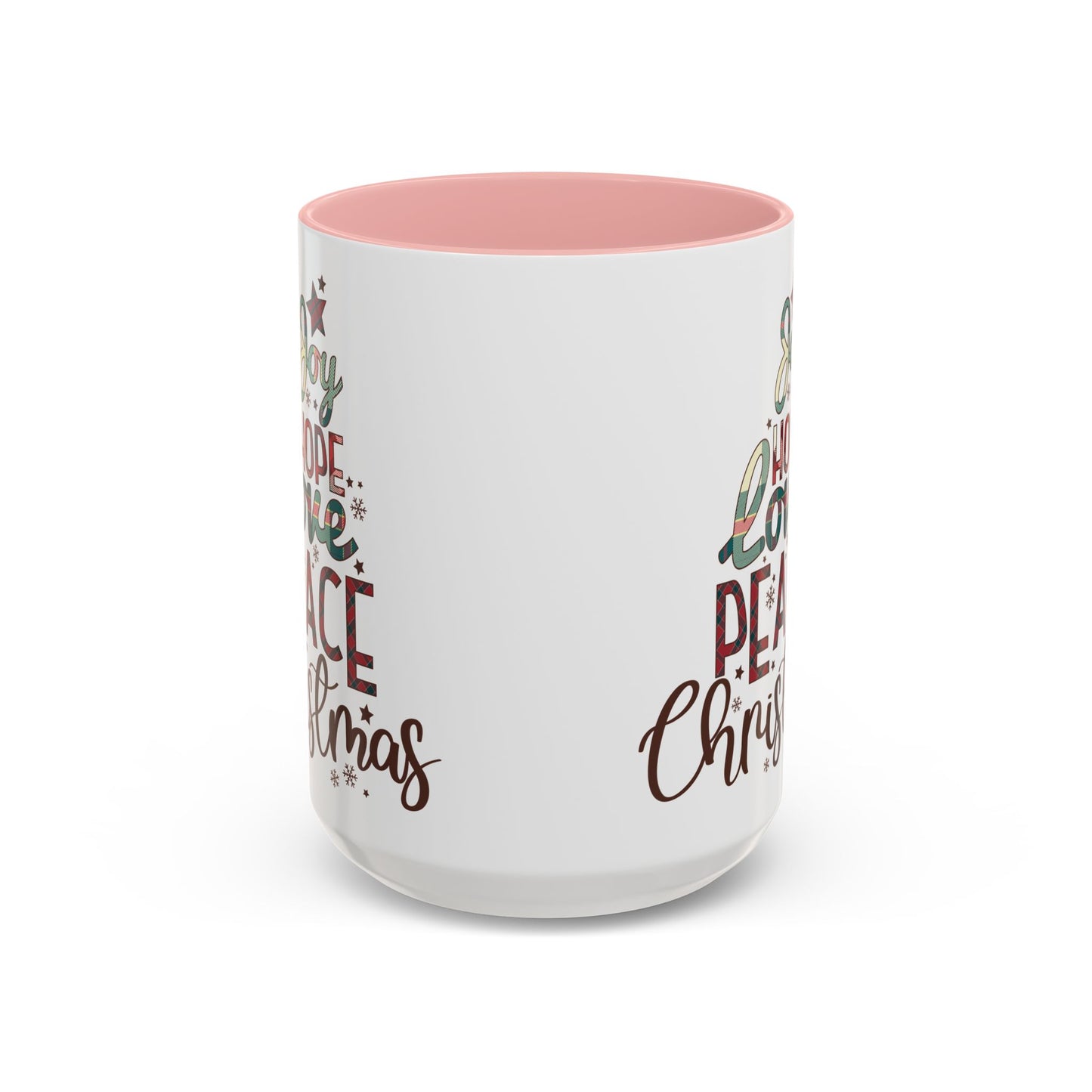 Joy Hope Love Peace Christmas Mug | Festive Holiday Plaid Design | Christmas Tree Word Art Coffee Mug