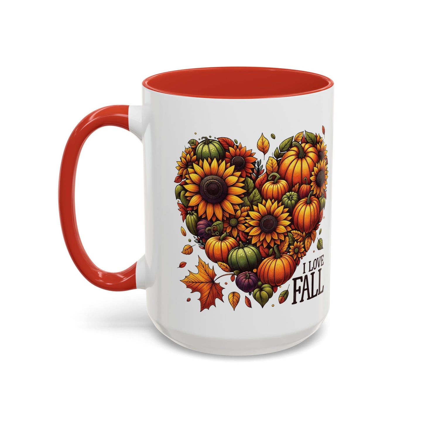 I Love Fall Autumn Mug | 11oz and 15oz Ceramic Coffee Cup | Sunflower and Pumpkin Heart Design