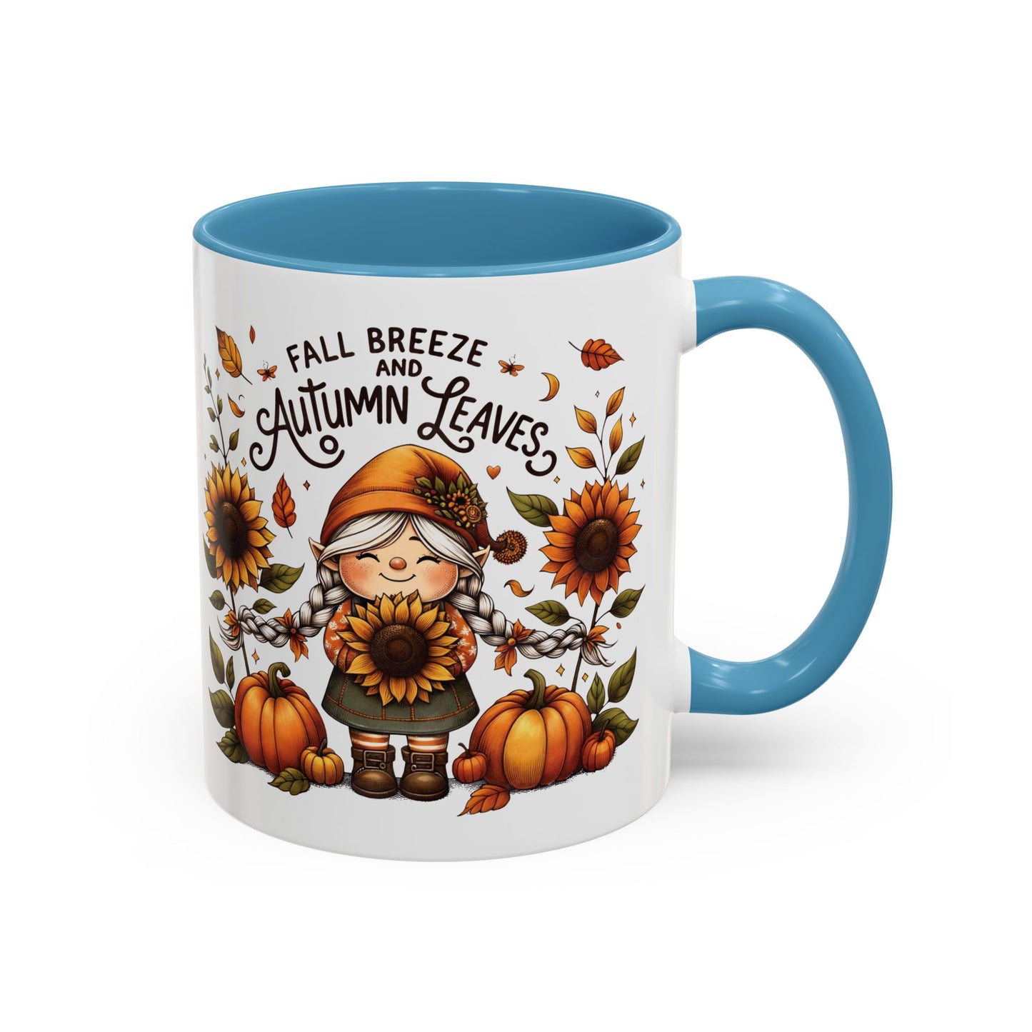 Fall Breeze and Autumn Leaves Mug | 11oz and 15oz Ceramic Coffee Cup | Cute Gnome, Sunflower, & Pumpkin Design