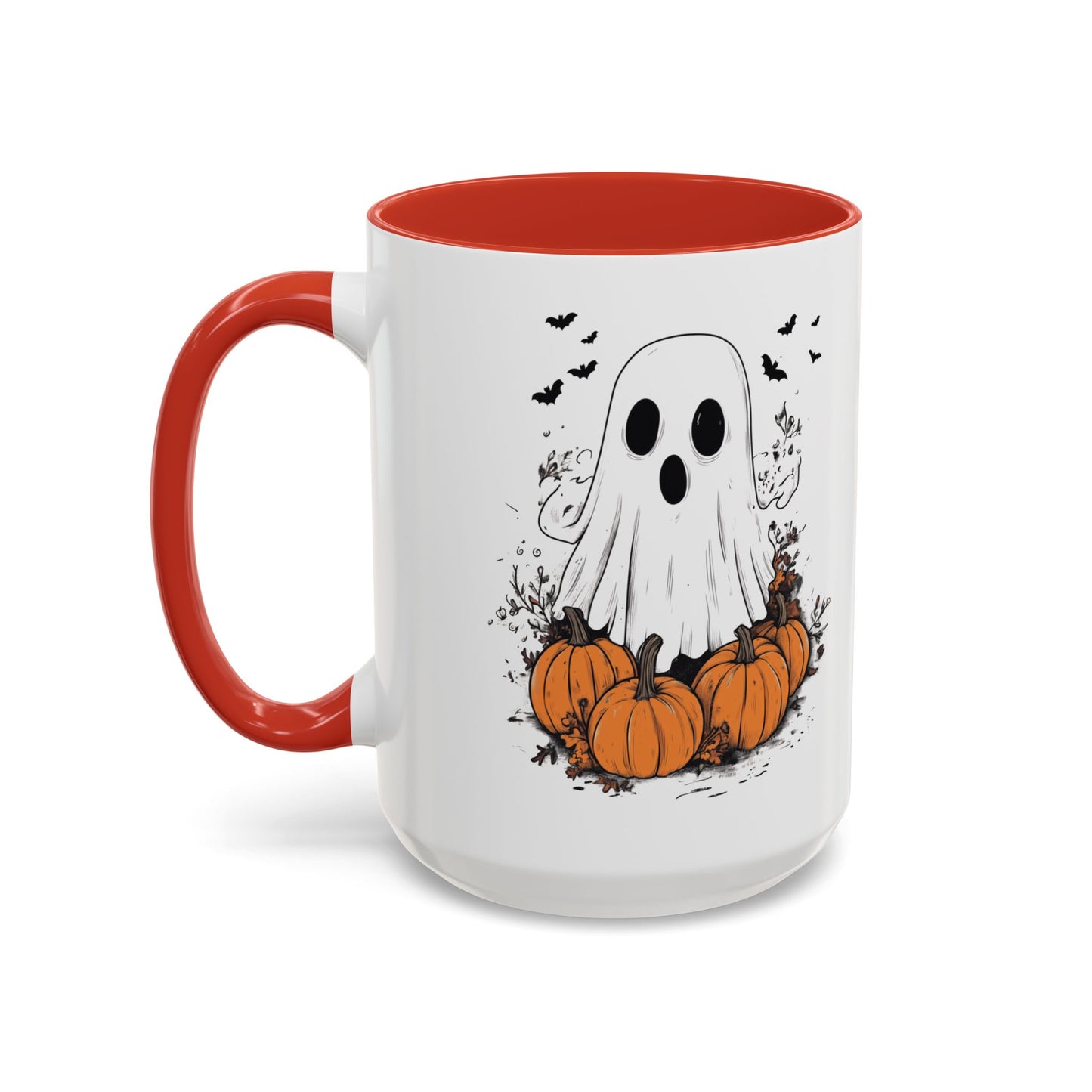 Halloween Ghost Mug - Cute Pumpkin Coffee Cup - White Ceramic Mug with Red Accent - Spooky Fall Gift - 11oz & 15oz - BPA Free