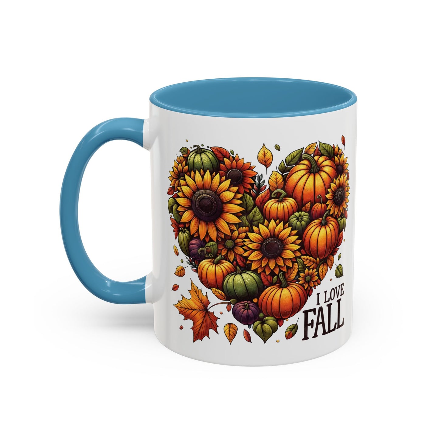 I Love Fall Autumn Mug | 11oz and 15oz Ceramic Coffee Cup | Sunflower and Pumpkin Heart Design