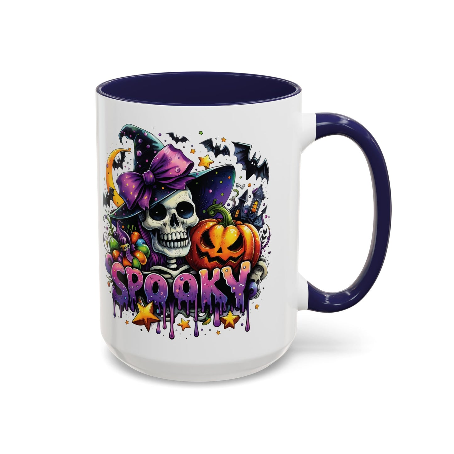 Spooky Halloween Skull Mug | Colorful Witch Hat and Pumpkin Design | 11oz and 15oz Ceramic Coffee Cup