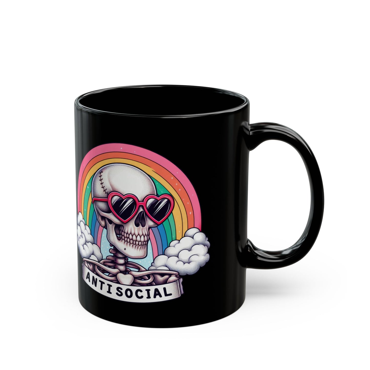 Anti-Social Skull Mug | Retro Rainbow Goth Coffee Cup | Skeleton with Heart Glasses