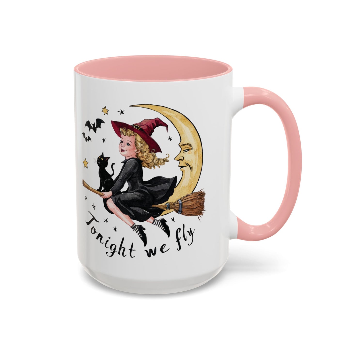 Tonight We Fly Halloween Witch Mug | Vintage Witch and Cat on Broomstick Design | Perfect Halloween Coffee Mug