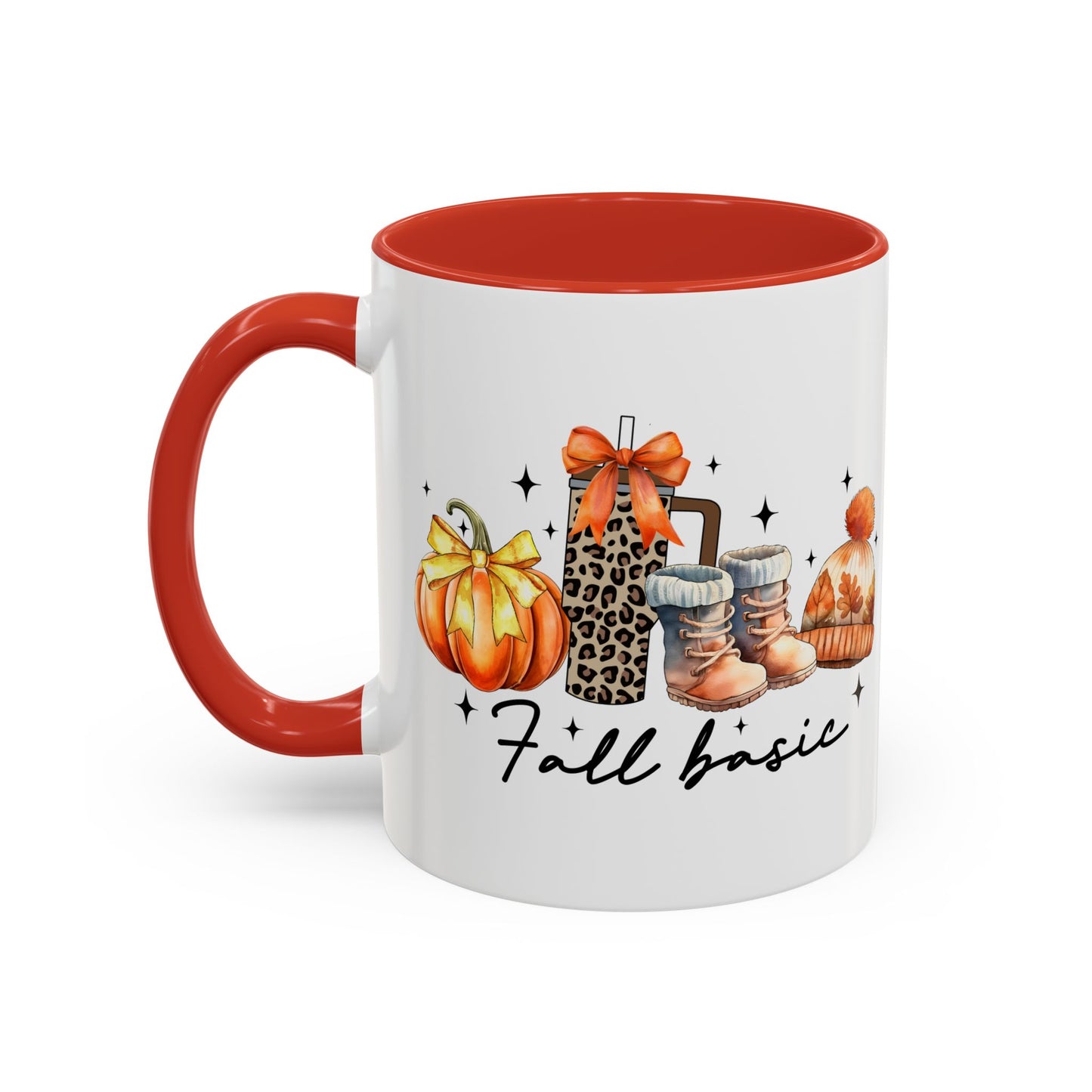 Fall Basic Autumn Mug | 11oz/15oz Ceramic Coffee Cup | Cozy Fall Essentials Design | Pink, Red, Black, Light Blue, or Navy Handle & Interior