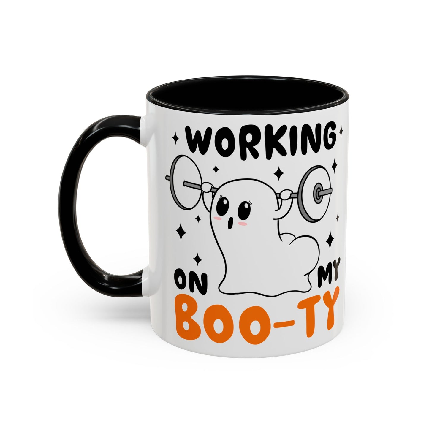 Working on My Boo-ty Halloween Ghost Mug | 11oz and 15oz Ceramic Coffee Cup | Fitness and Humor Design