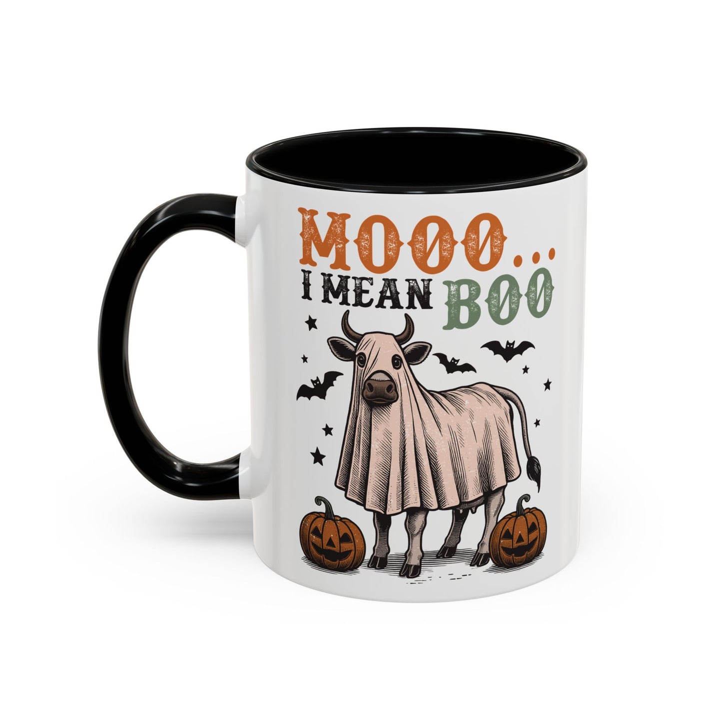 Mooo I Mean Boo Cow Mug | Funny Halloween Coffee Cup | Farmhouse Fall Mug | 11oz and 15oz Ceramic Mug