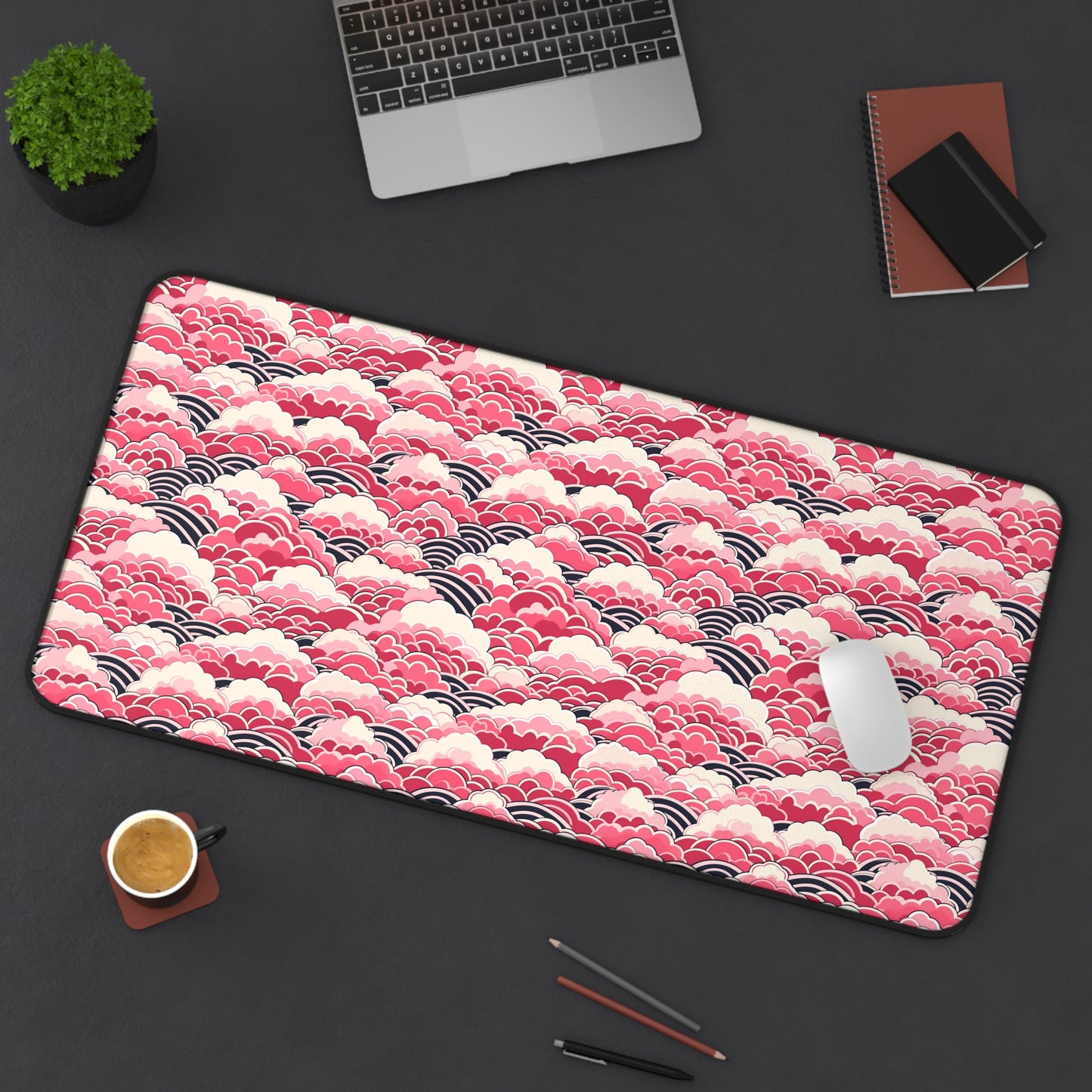 Japanese Pink Wave Pattern Desk Mat - Customizable Neoprene Anti-Slip Mouse Pad - Elegant Office Decor - Available in 3 Sizes