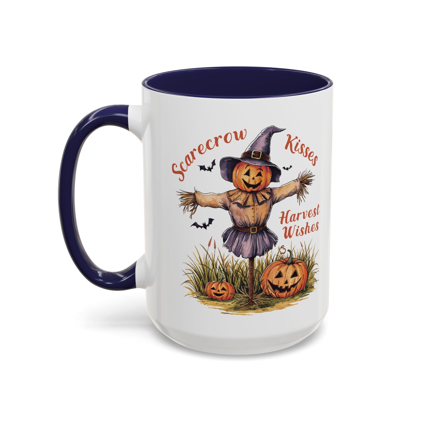 Scarecrow Kisses and Harvest Wishes Mug | Fall Scarecrow and Pumpkin Design | Perfect Autumn Coffee Mug for Cozy Mornings