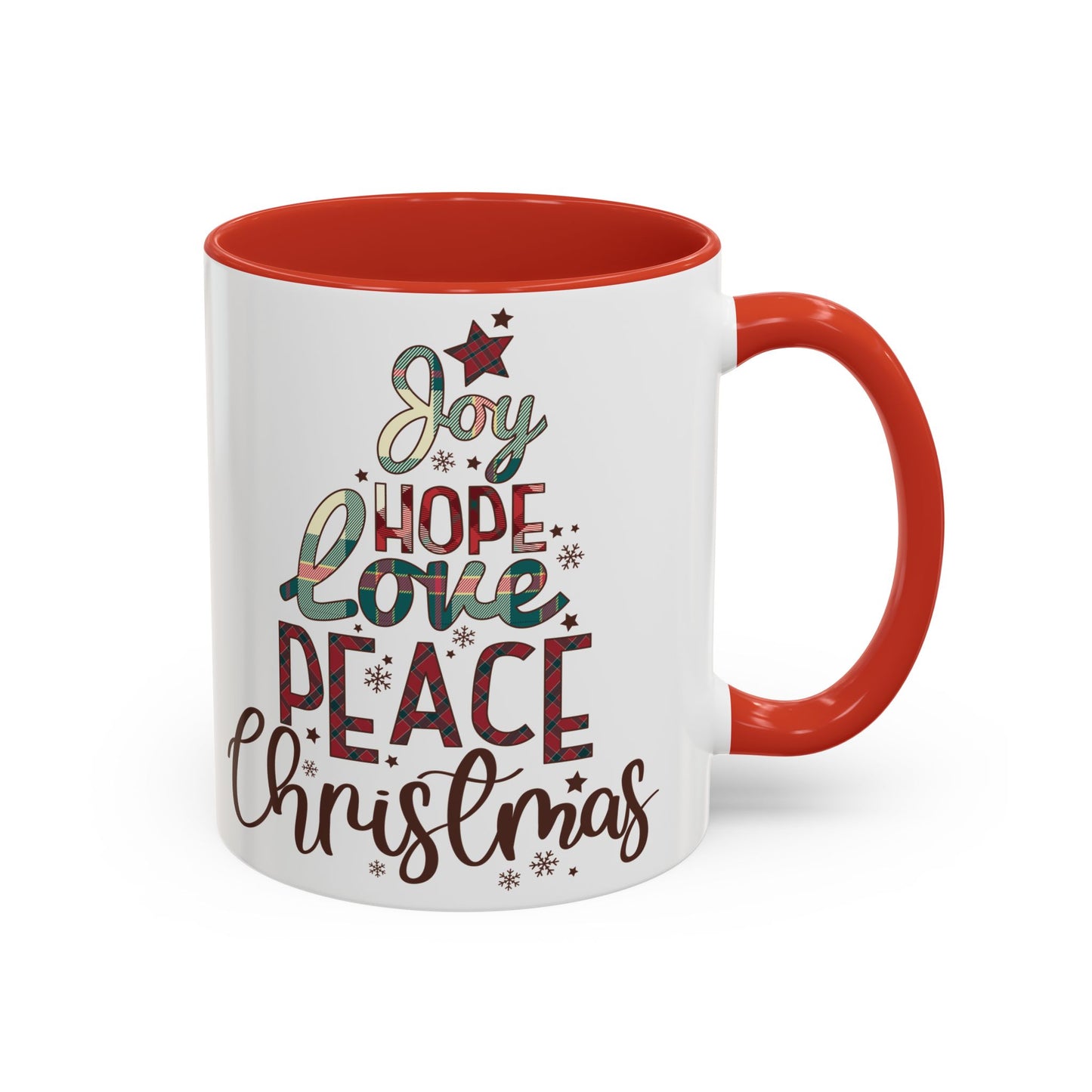 Joy Hope Love Peace Christmas Mug | Festive Holiday Plaid Design | Christmas Tree Word Art Coffee Mug