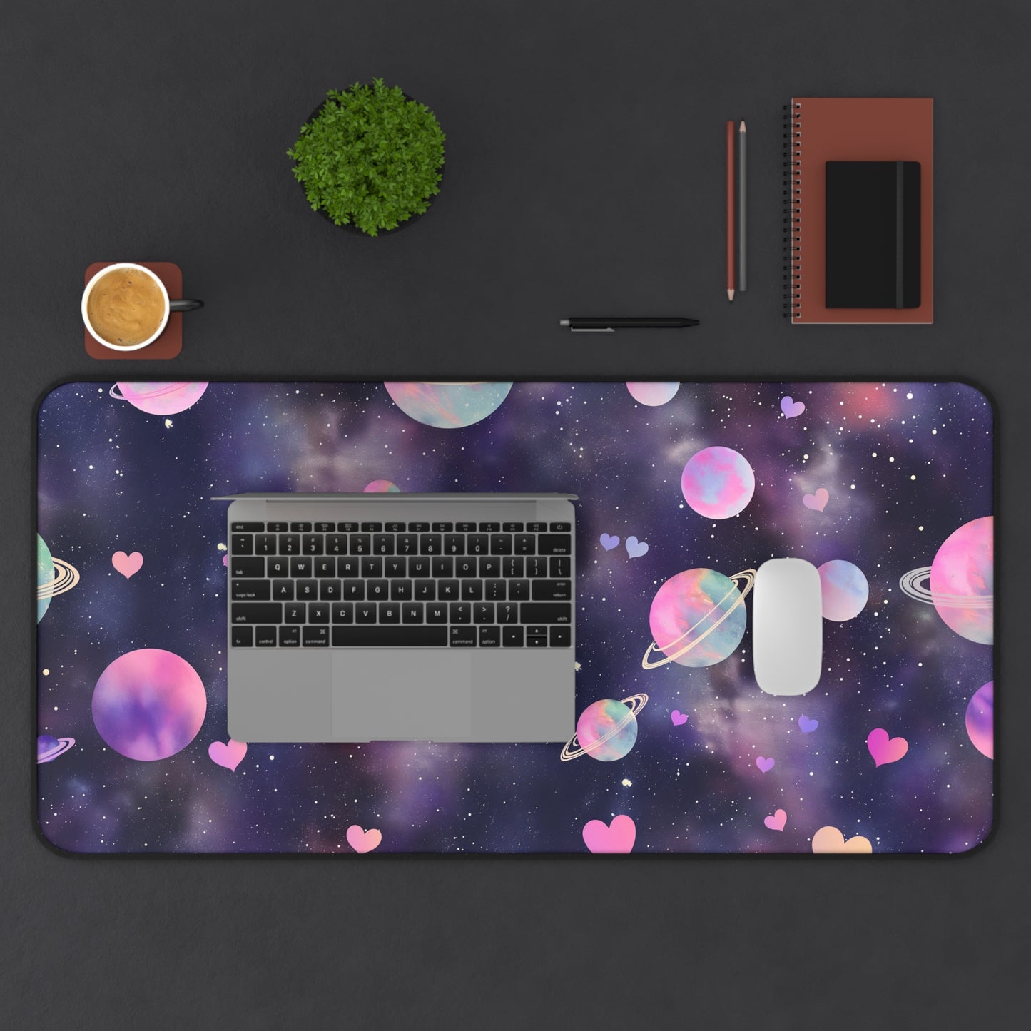 Cosmic Love Computer Desk Mat | Pastel Planets and Hearts Mouse Pad | Anti-Slip Neoprene Desk Mat for Home Office | 3 Sizes Available