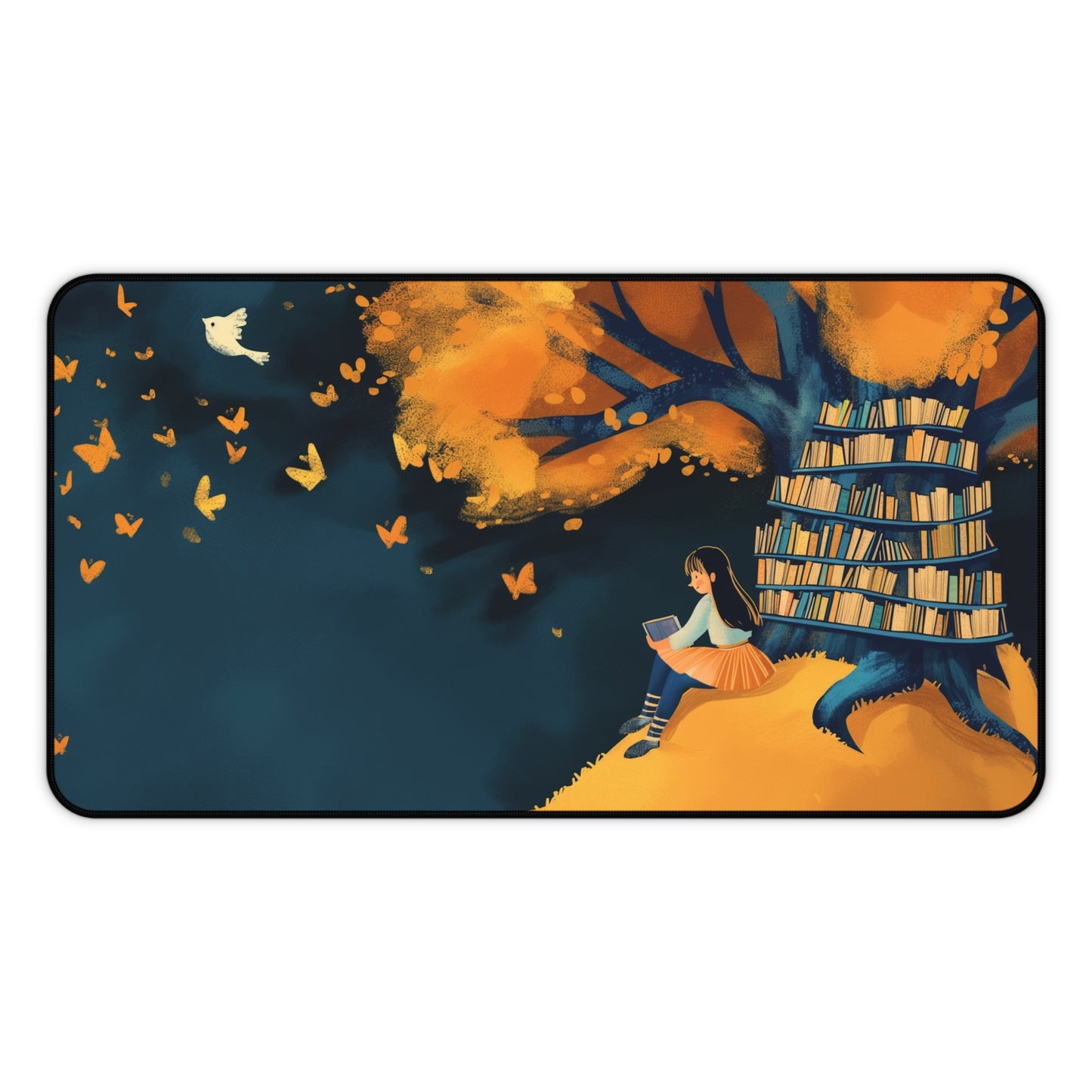 Whimsical Reading Tree Computer Desk Mat | Literary Mouse Pad | Anti-Slip Neoprene Desk Mat for Home Office | 3 Sizes Available