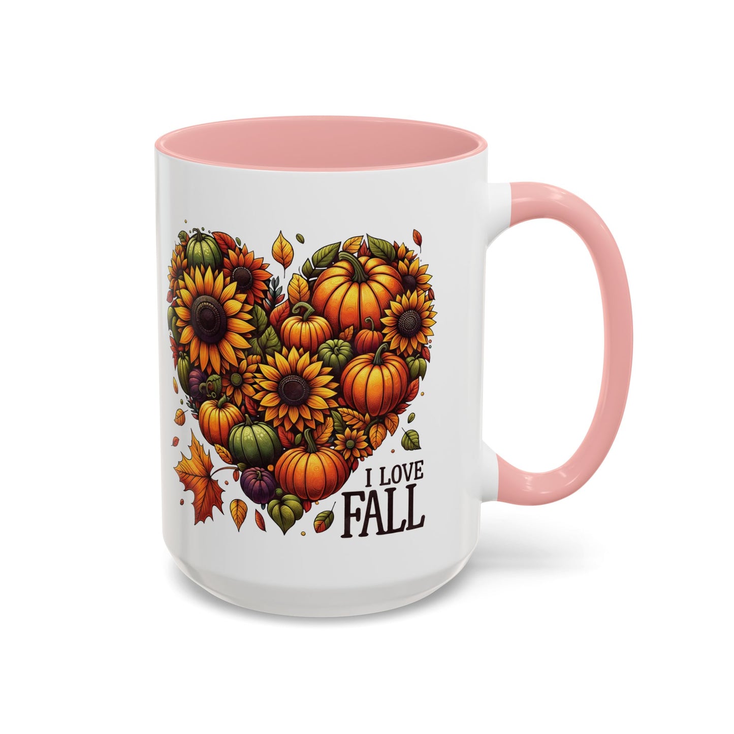 I Love Fall Autumn Mug | 11oz and 15oz Ceramic Coffee Cup | Sunflower and Pumpkin Heart Design