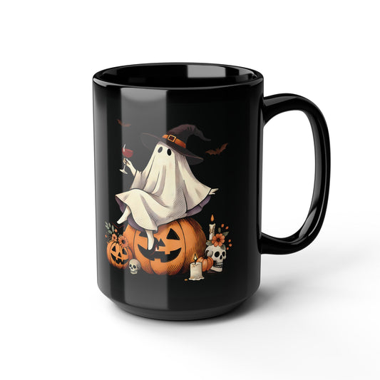 Halloween Ghost on Pumpkin Mug | 11oz /15oz Black Ceramic Coffee Cup | Witch Hat & Wine Design | Spooky and Festive Fall Gift