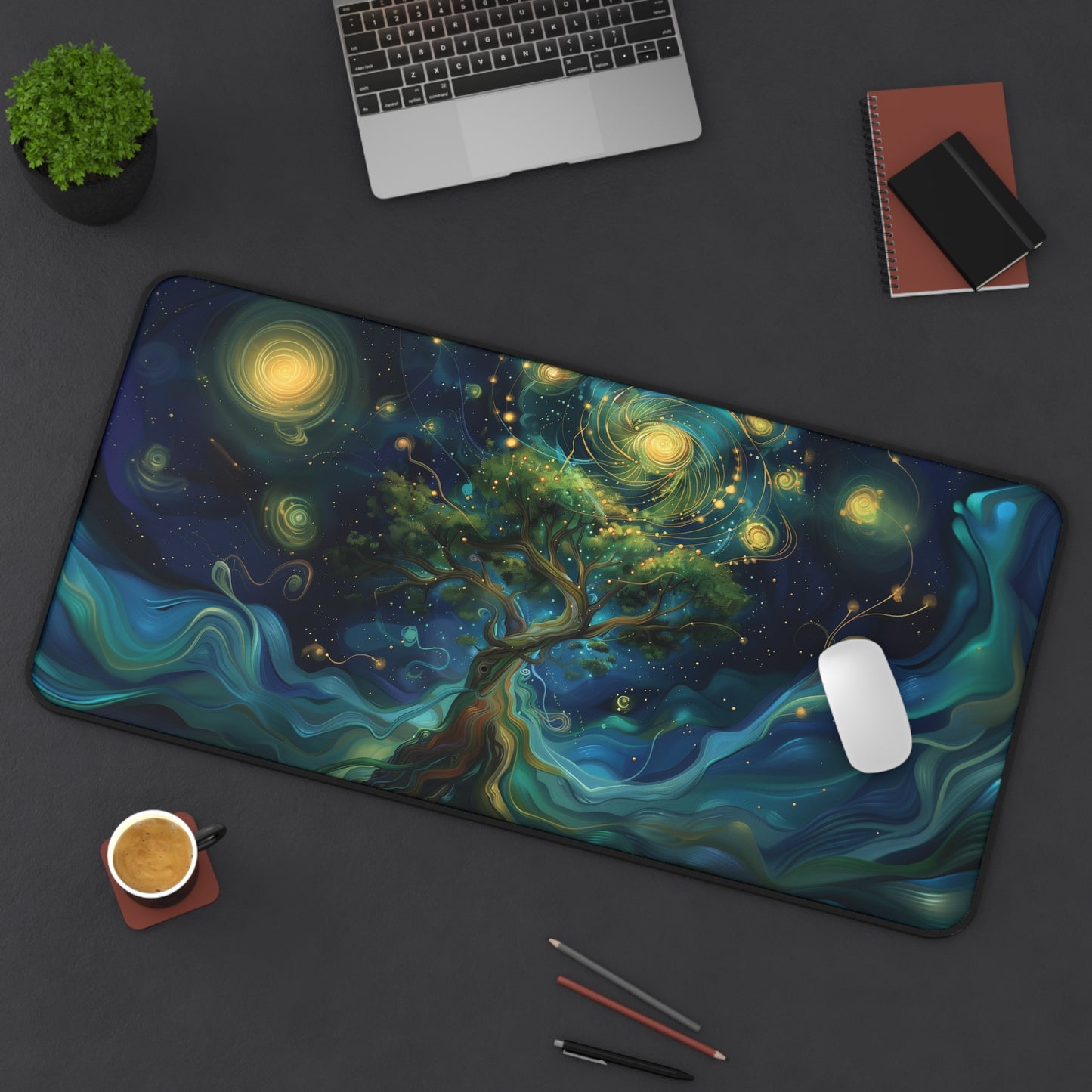 Mystical Tree Desk Mat | Enchanted Night Sky Design | Neoprene | Anti-Slip | 3 Sizes | Office Decor