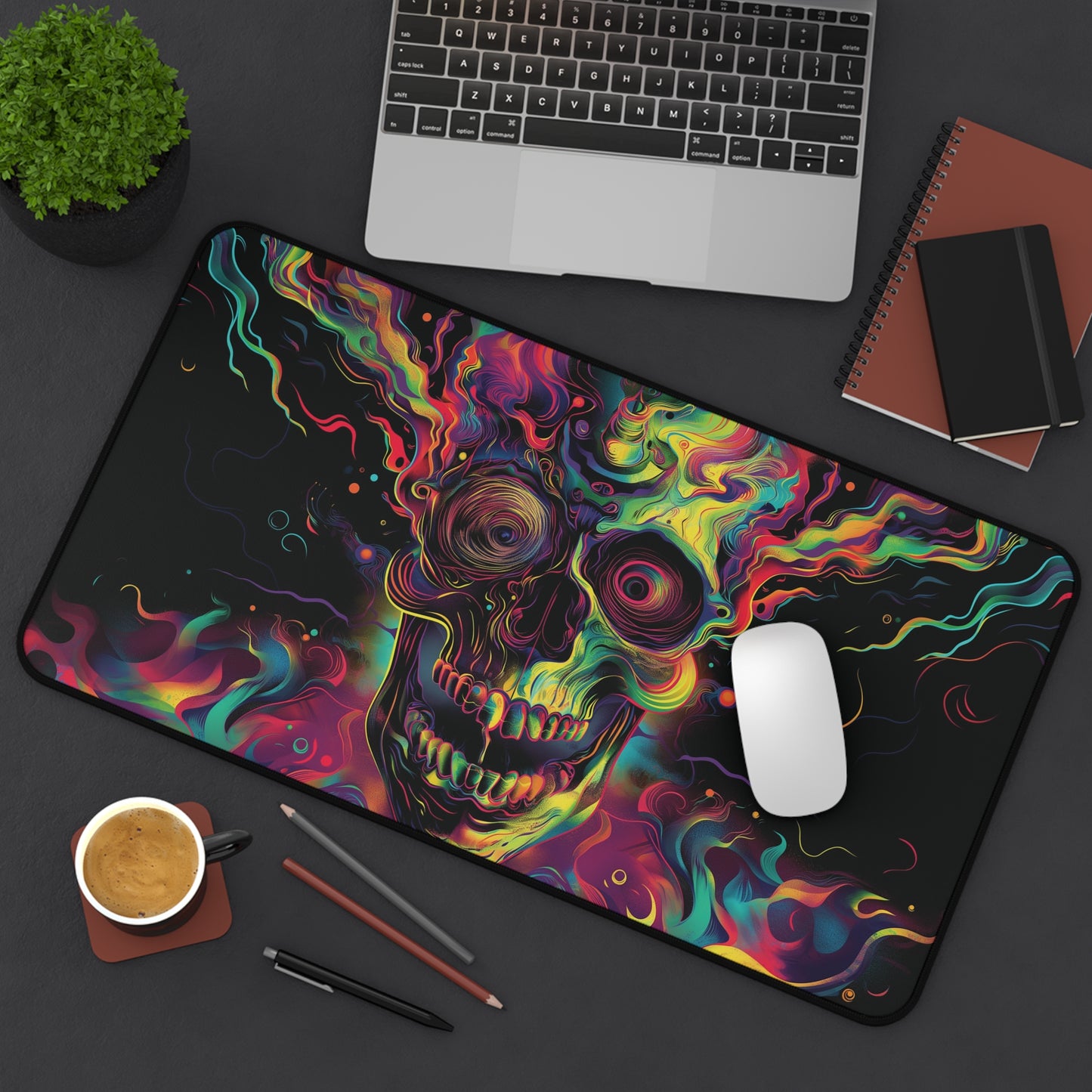 Psychedelic Skull Desk Mat | Vibrant Abstract Art | Neoprene | Anti-Slip | 3 Sizes | Office Decor