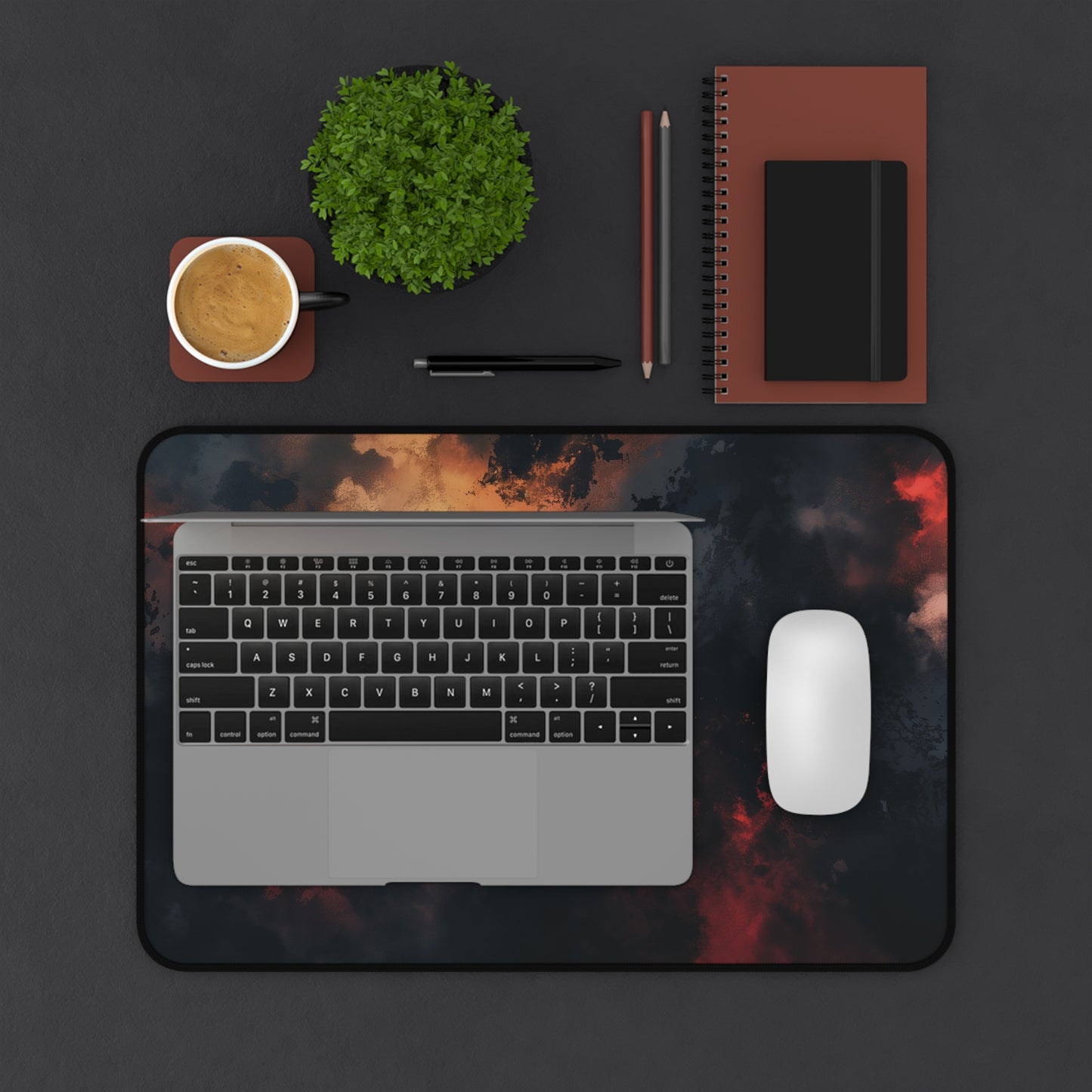 Abstract Firestorm Desk Mat | Dark Red and Black Neoprene | Anti-Slip | 3 Sizes | Office Decor