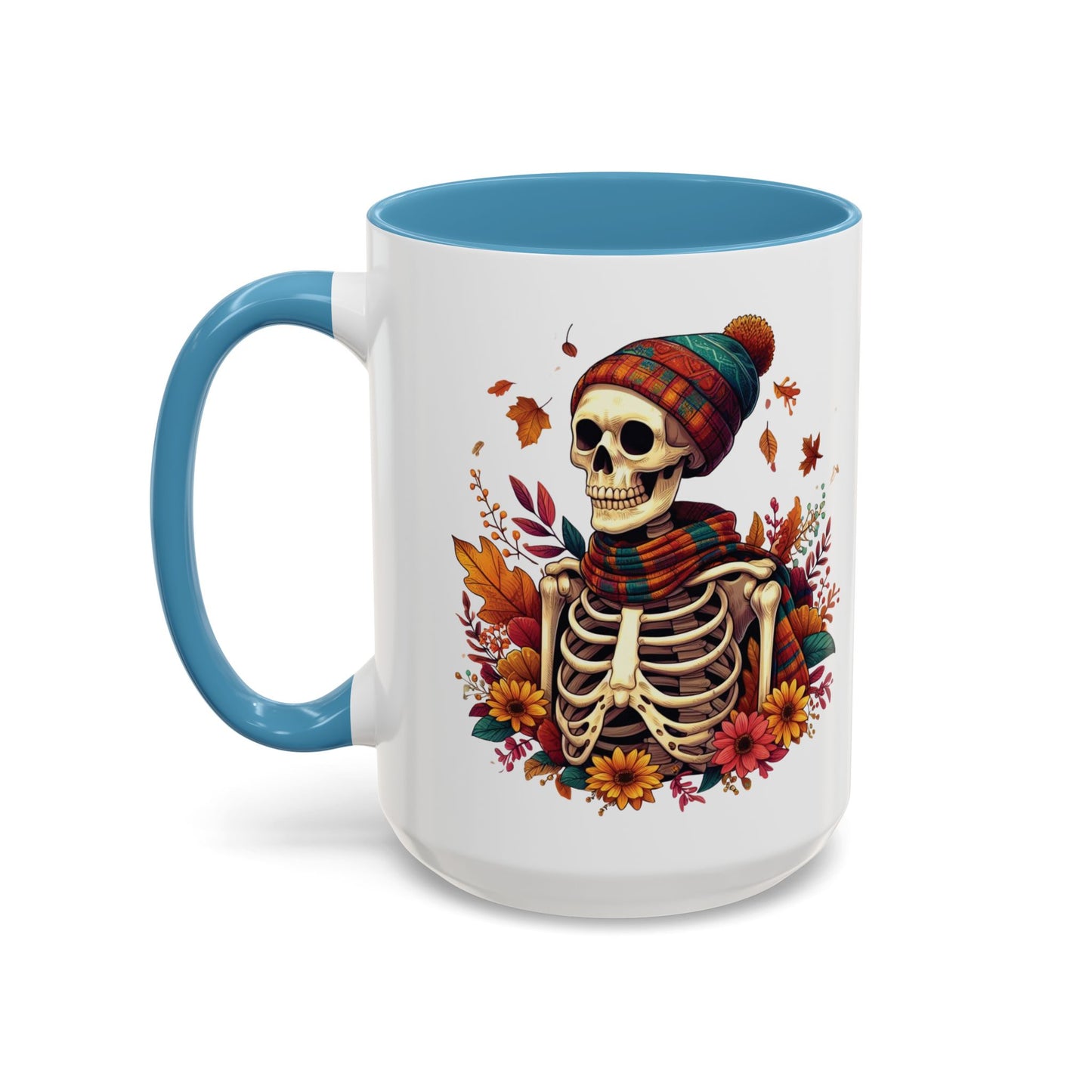 Cozy Fall Skeleton Mug | Cute Autumn Skeleton Coffee Mug | Fall-Themed Drinkware | Halloween Skeleton in Scarf Design